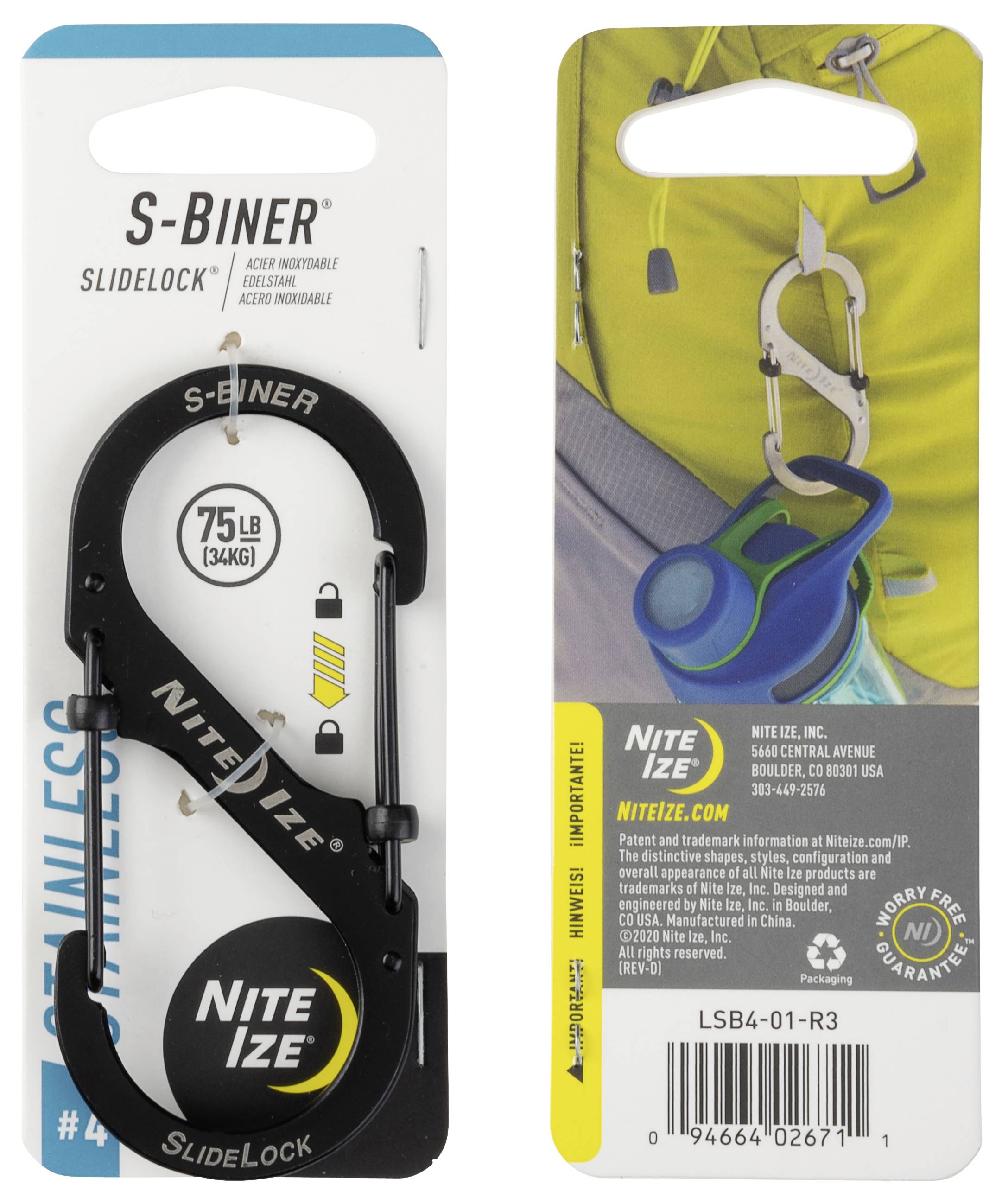 Black S-Biner SlideLock holds up to 75lb (34kg). Image shows its use carrying a bottle on a backpack. Nite Ize branding present.