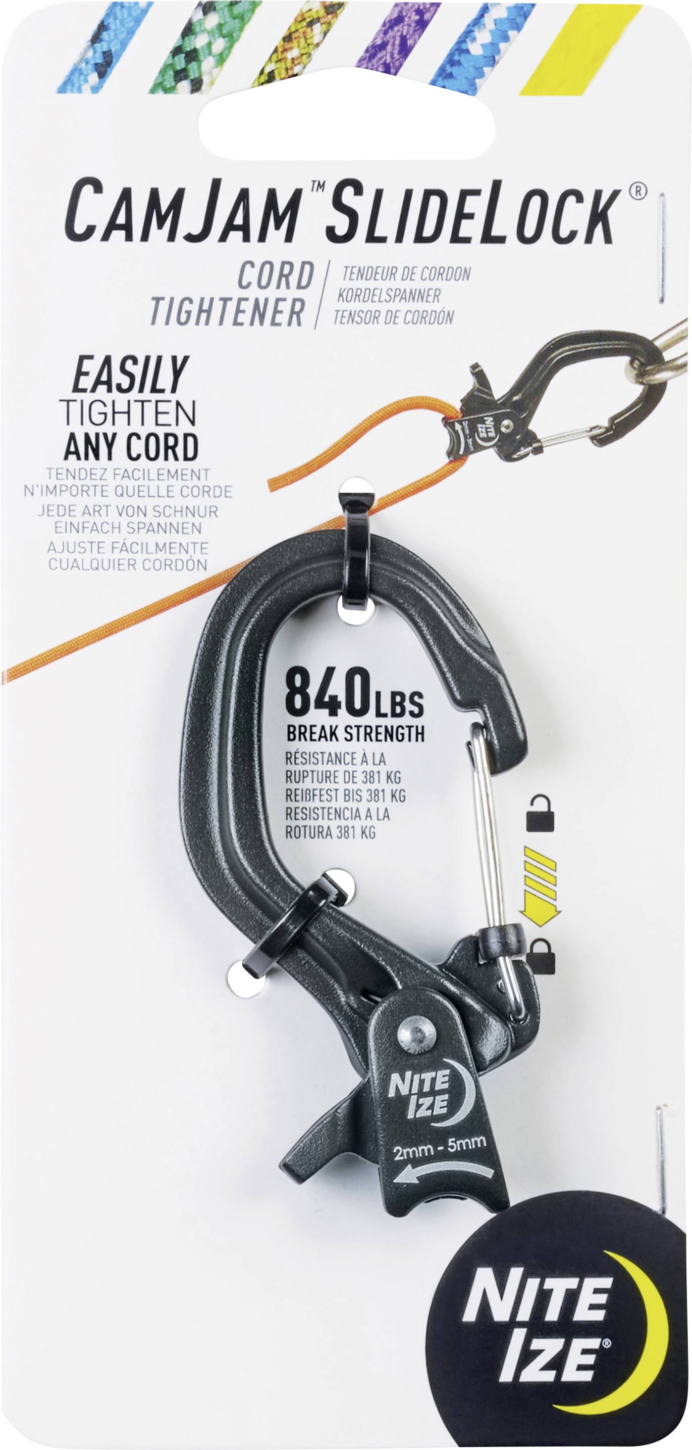 CamJam SlideLock cord tightener packaging, showing a black cord tightener that can withstand 840 lbs, with the Nite Ize logo.
