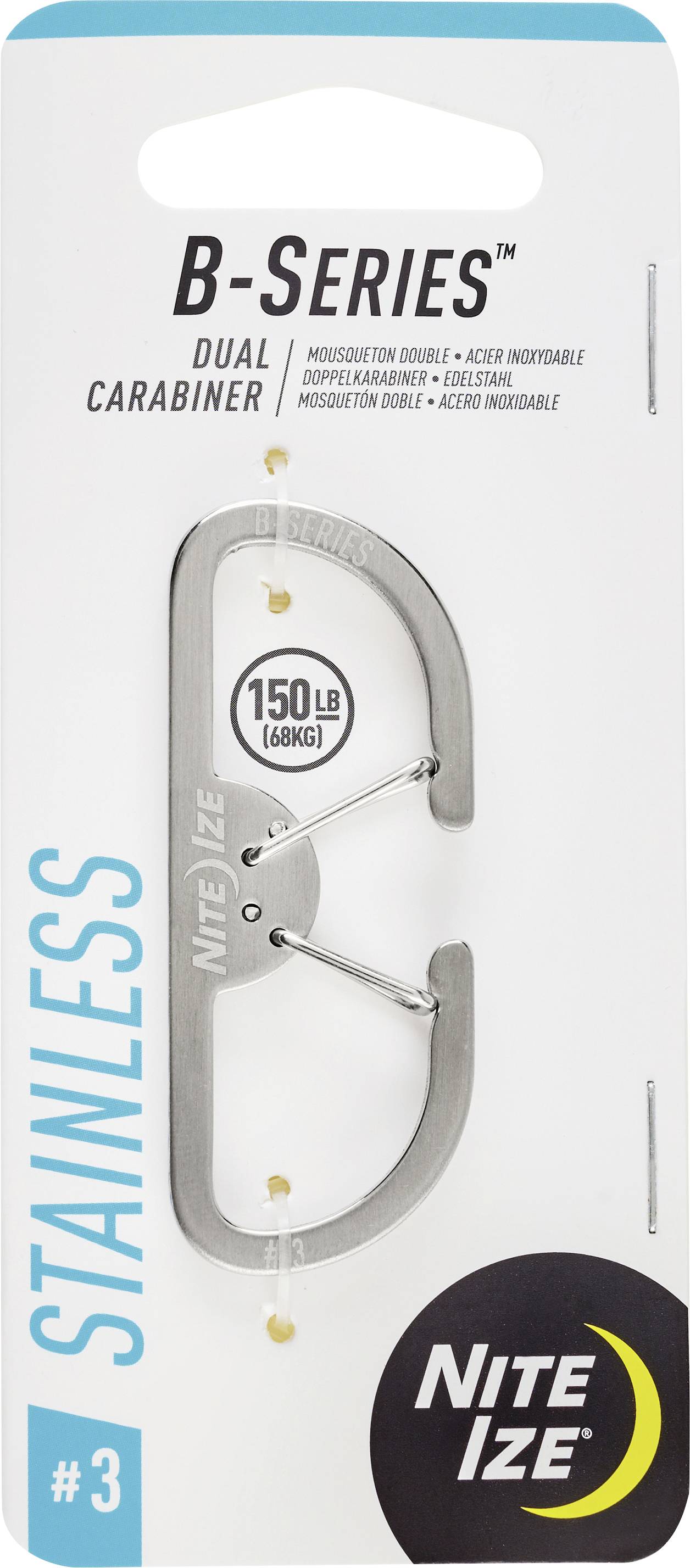 'B-Series Dual Carabiner #3' by Nite Ize, stainless steel, holds up to 150 lbs (68 kg). Product displayed in packaging.