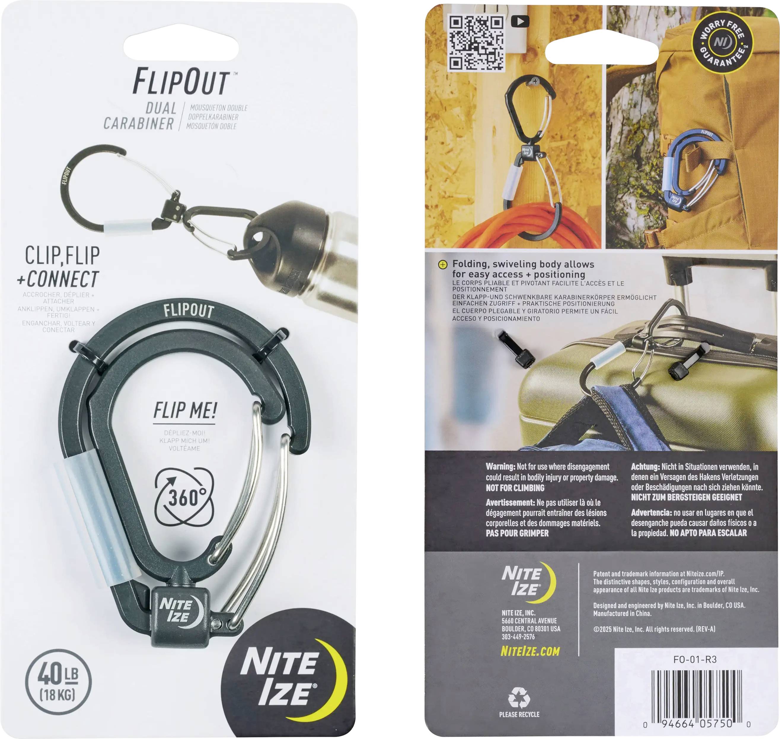 'FlipOut Dual Carabiner' packaging shows a carabiner with 'Clip, Flip + Connect' feature, 360-degree rotation, and 40 lb (18 kg) capacity.
