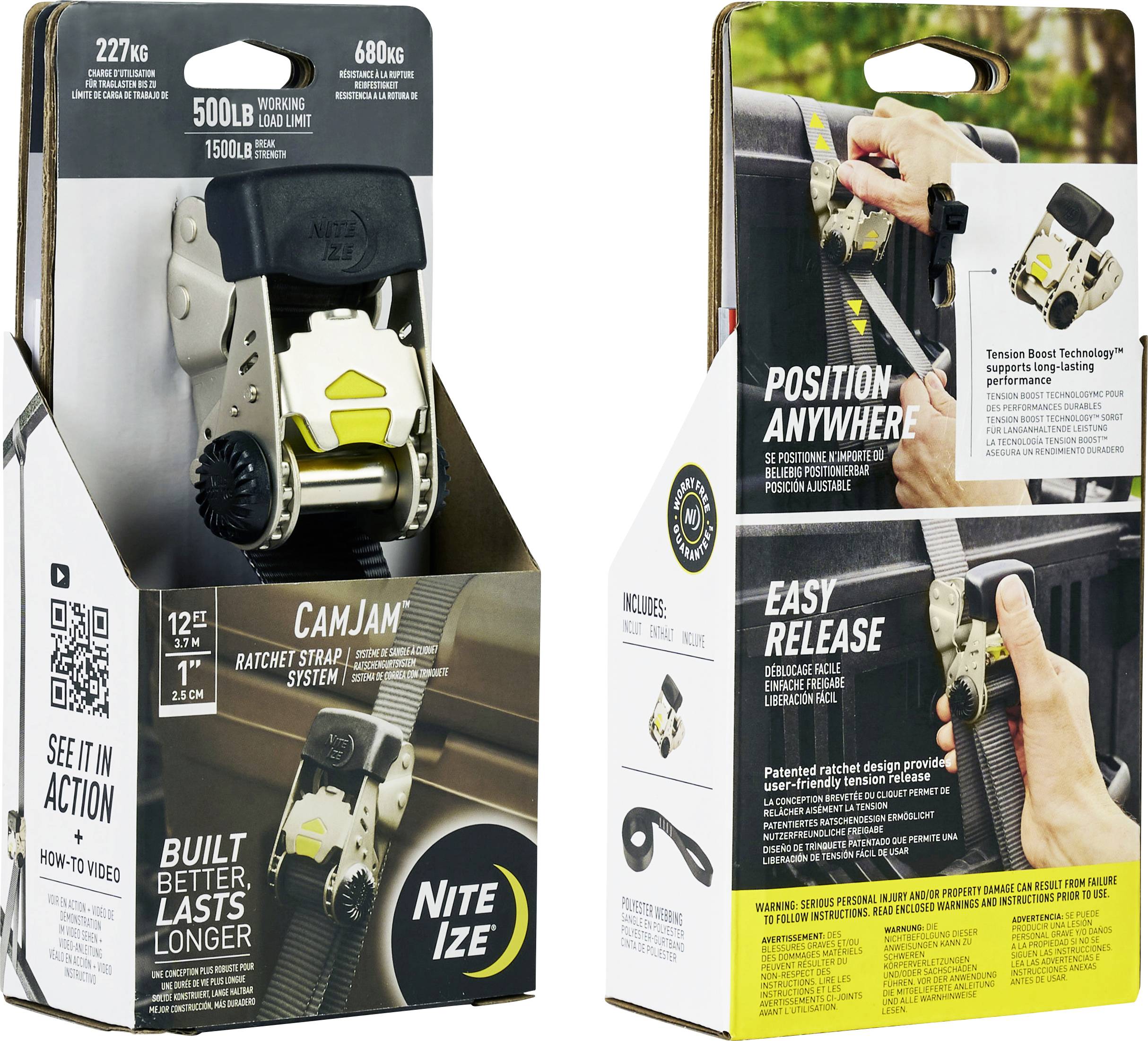 Packaging for Nite Ize CamJam Ratchet Strap. Highlights include 'Position Anywhere' feature, tension control, and easy release.
