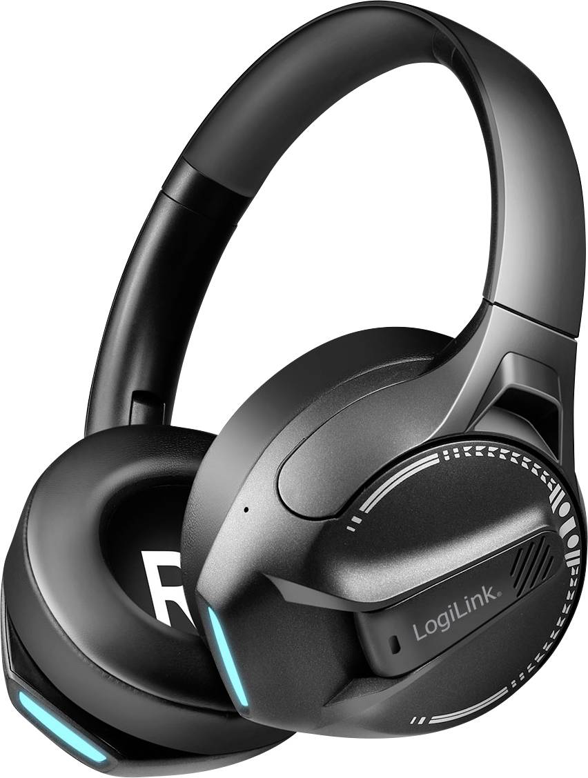 Black over-ear headphones with the name 'LogiLink' on the side, featuring blue accent lights on the ear cups.