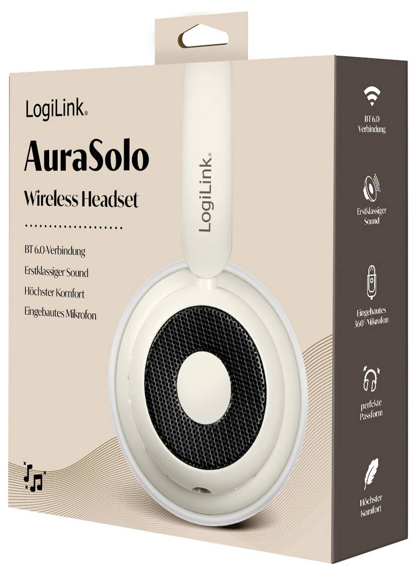 LogiLink AuraSolo Wireless Headset packaging showing features such as Bluetooth connectivity, exceptional sound, comfort, and built-in microphone.