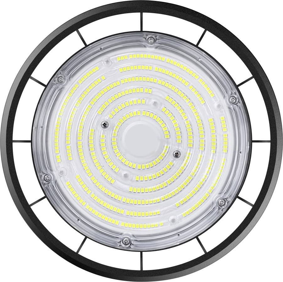 Close-up of a circular LED light, viewed from below, showing concentric rings of yellow LED chips inside a black metal frame.