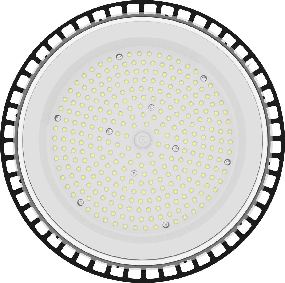 Top view of a round LED high bay light with a grid pattern of small yellow lights and a black outer grid.