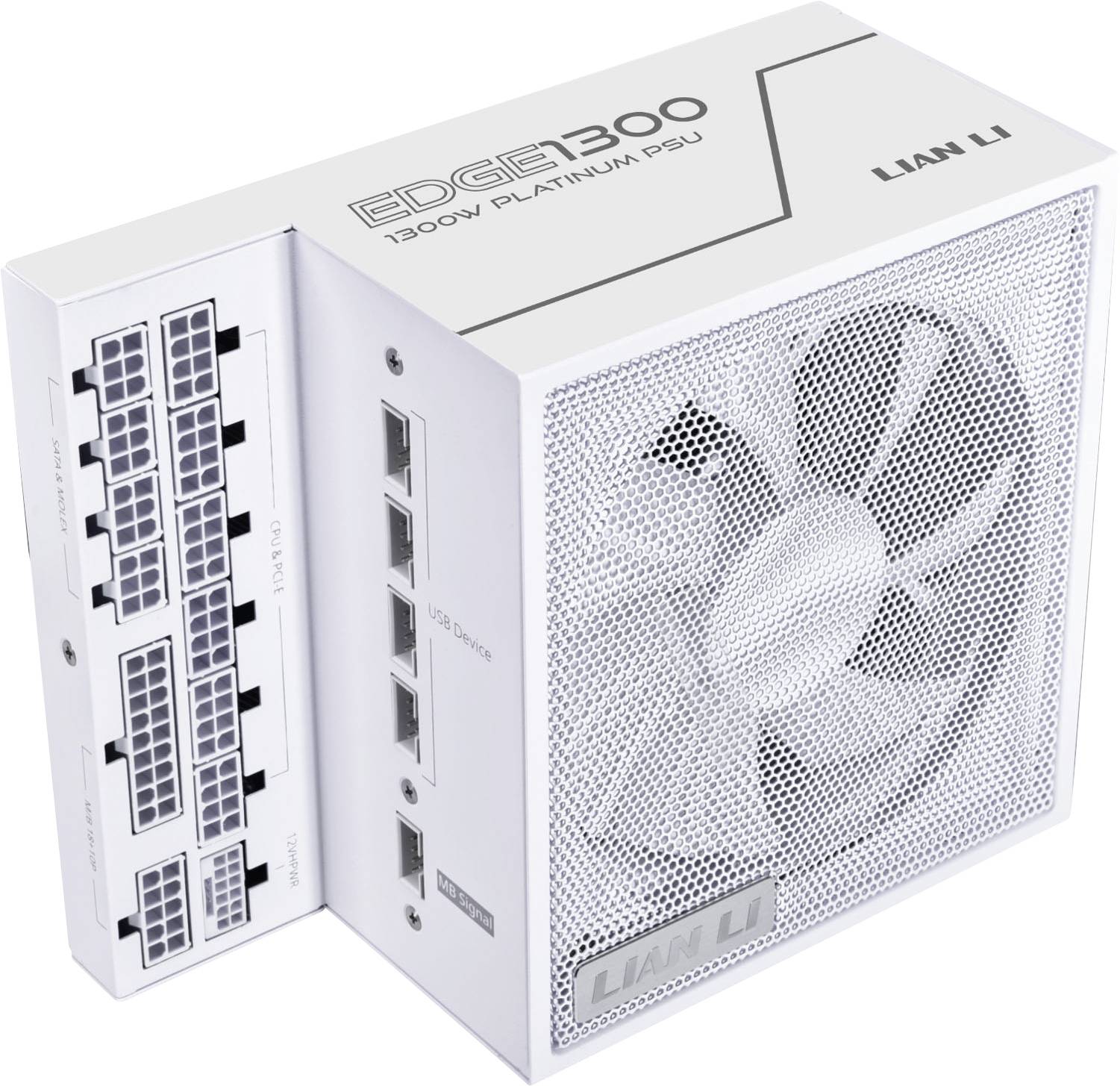 'Lian Li Edge 1300W Platinum PSU' is printed on a white power supply unit, shown with a large fan and multiple ports on the side.