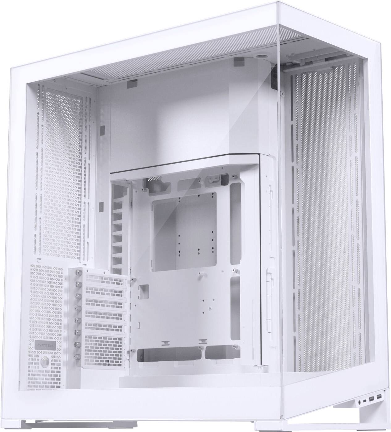A white, empty computer case with transparent side panels, featuring a minimalist design and spacious interior for components.