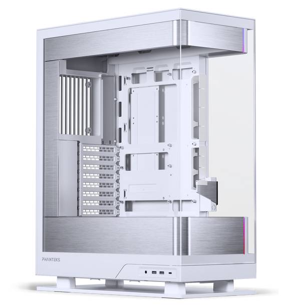 A silver computer tower case with a transparent side panel, showcasing the inner frame for mounting components, set on white feet.