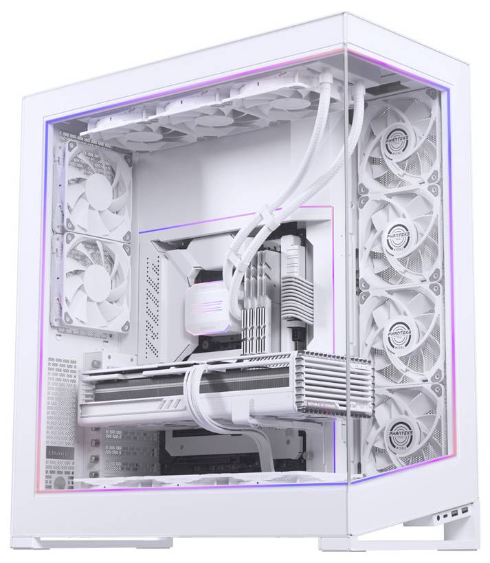 A white gaming PC case with transparent side, showcasing RGB lighting, multiple cooling fans, and advanced internal components.