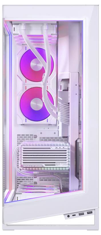 A white desktop computer case with transparent side panel, showcasing RGB-lit components and fans in a vibrant magenta and purple color scheme.