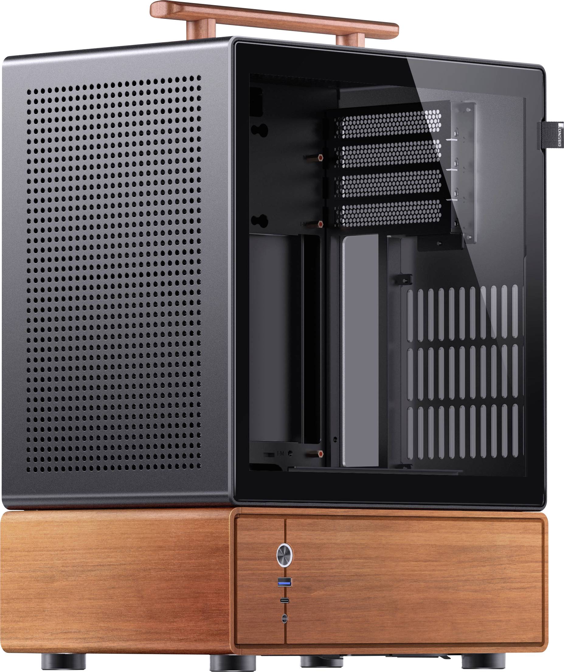 A sleek computer case with a transparent side panel, black and wooden finish, featuring ventilation grills and front ports for connectivity.