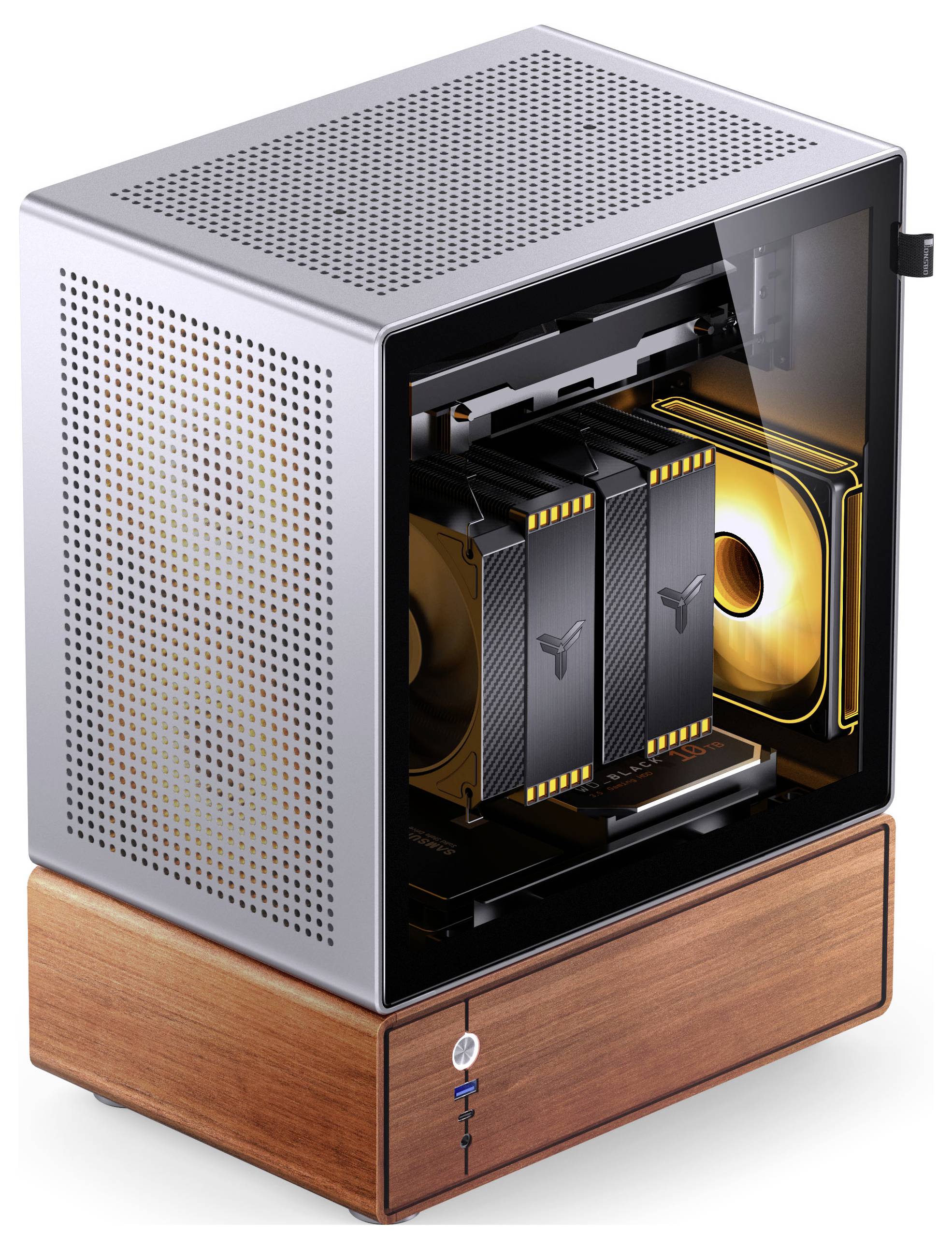 A modern desktop computer with a compact, cube-shaped case featuring a perforated metal exterior and a wooden base, showcasing illuminated components inside.