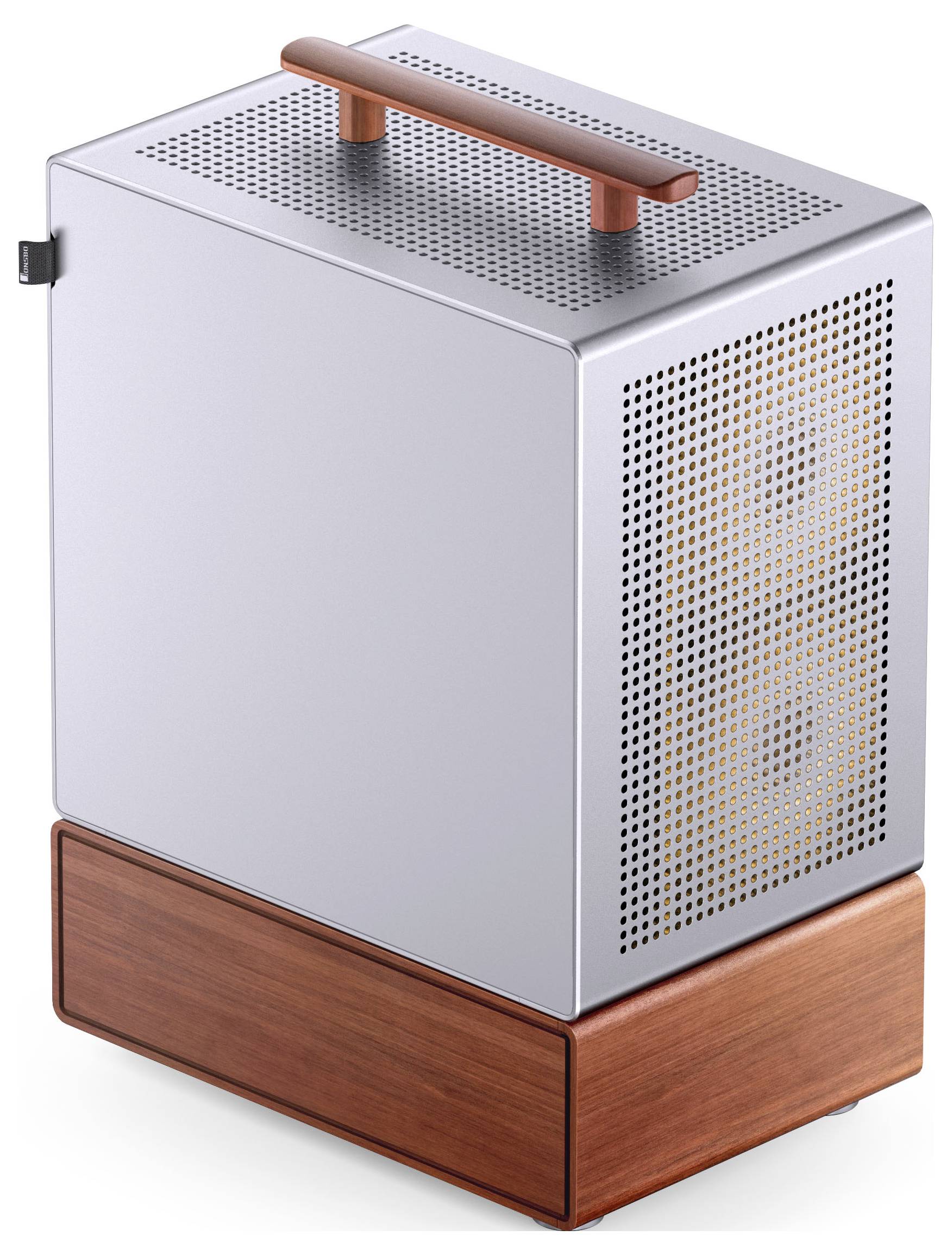 A sleek silver computer tower with a wooden base and a handle, featuring ventilation holes on the metal casing sides.