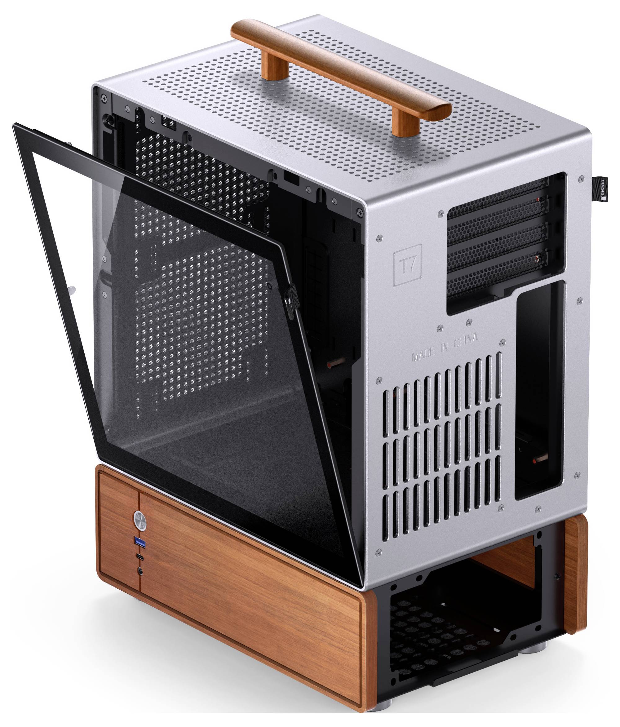 A computer tower case with a see-through side panel, silver frame, and wooden accents, featuring a carrying handle on top.