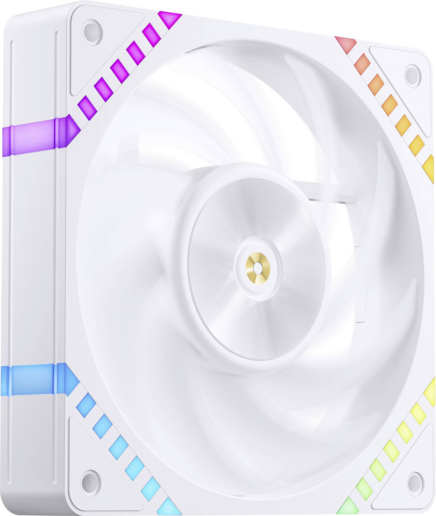 A white computer fan with colorful RGB lighting on its frame, showing a modern design suitable for tech setups or gaming PCs.