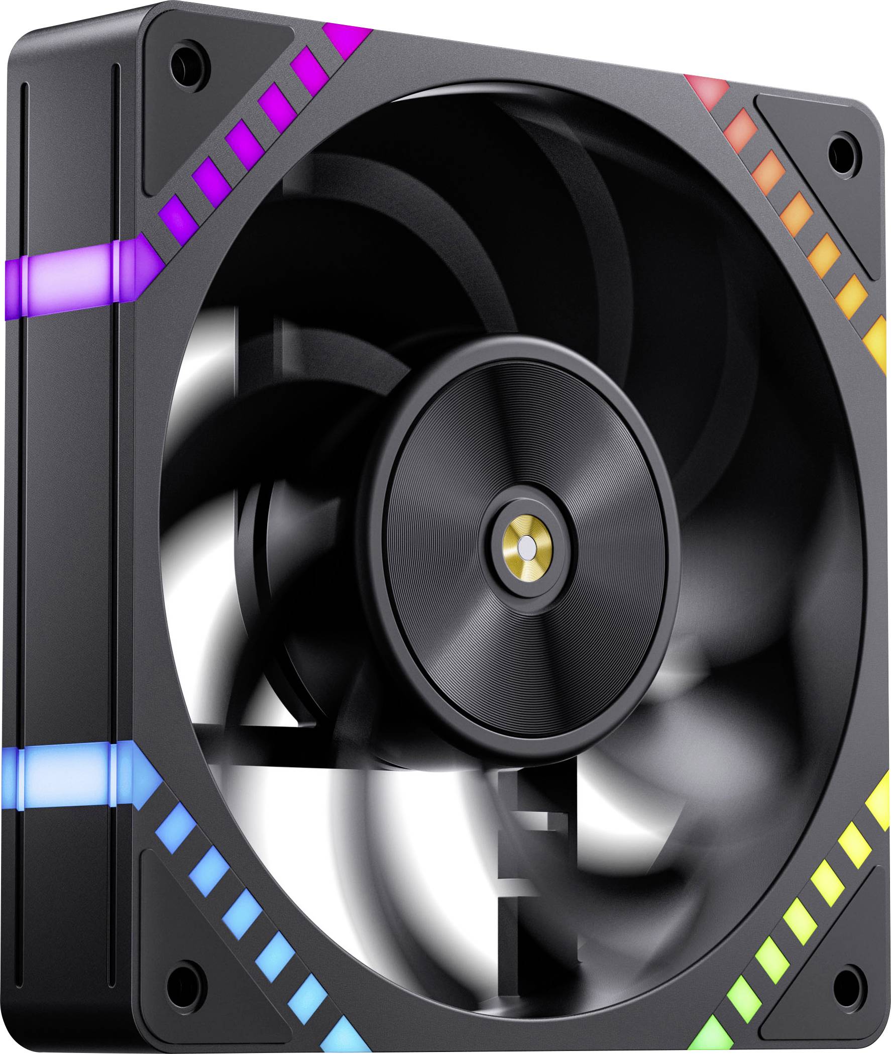 A black computer fan with multicolored LED lights on the edges, featuring a square frame and visible rotating blades.