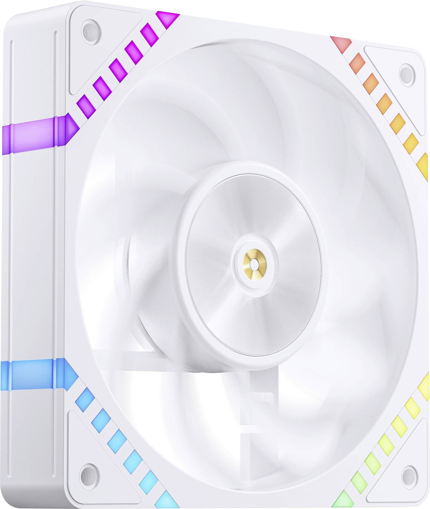 A white computer fan with colorful LED lighting around the edges, featuring a modern design and multiple color segments.
