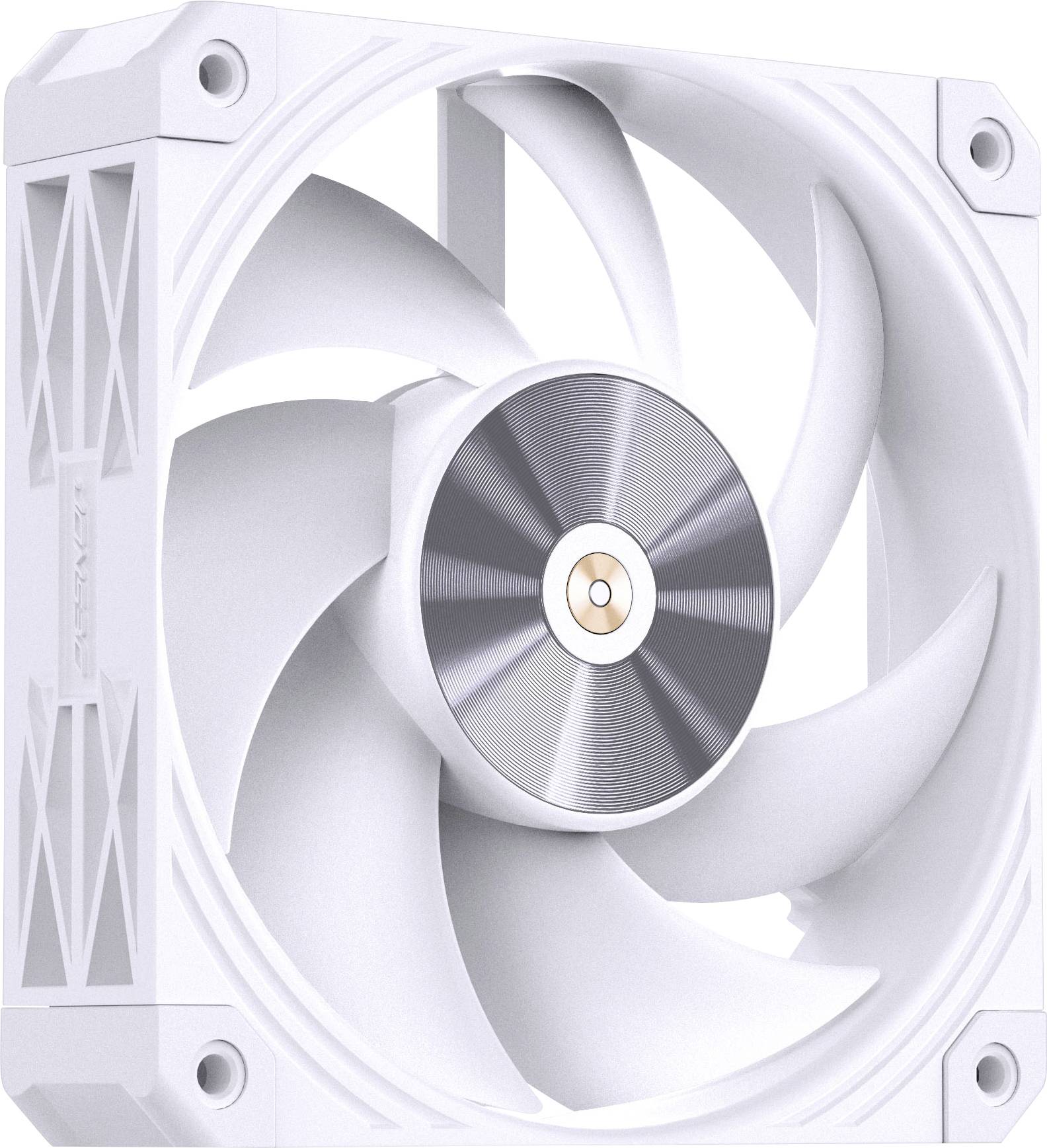A white computer cooling fan with a metallic center, displayed against a neutral background. The fan has multiple blades and a square frame.