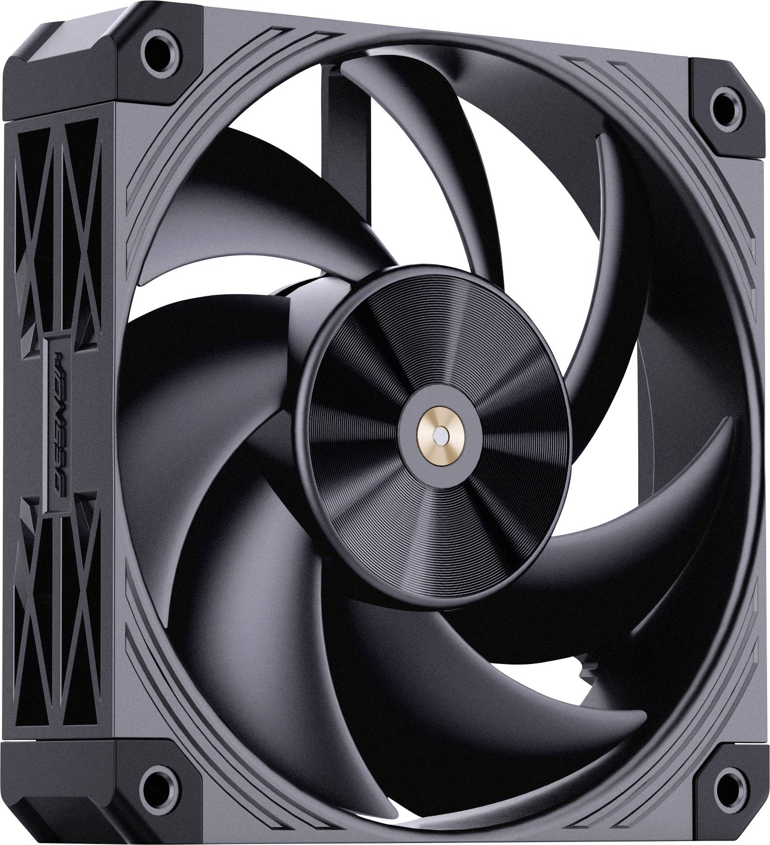 A black computer cooling fan with a central gold-colored hub and a sleek geometric design, seen from an angled perspective.