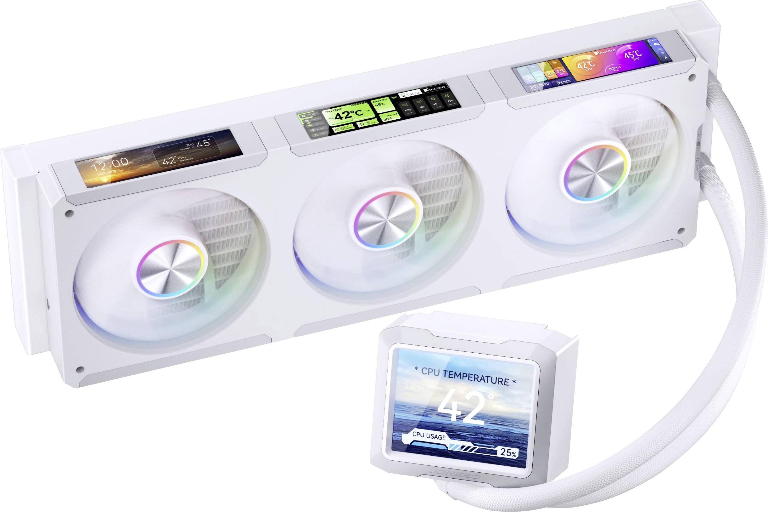A white computer cooling system with three circular fans, each with RGB lighting. Display shows '42°C CPU Temperature' and settings.