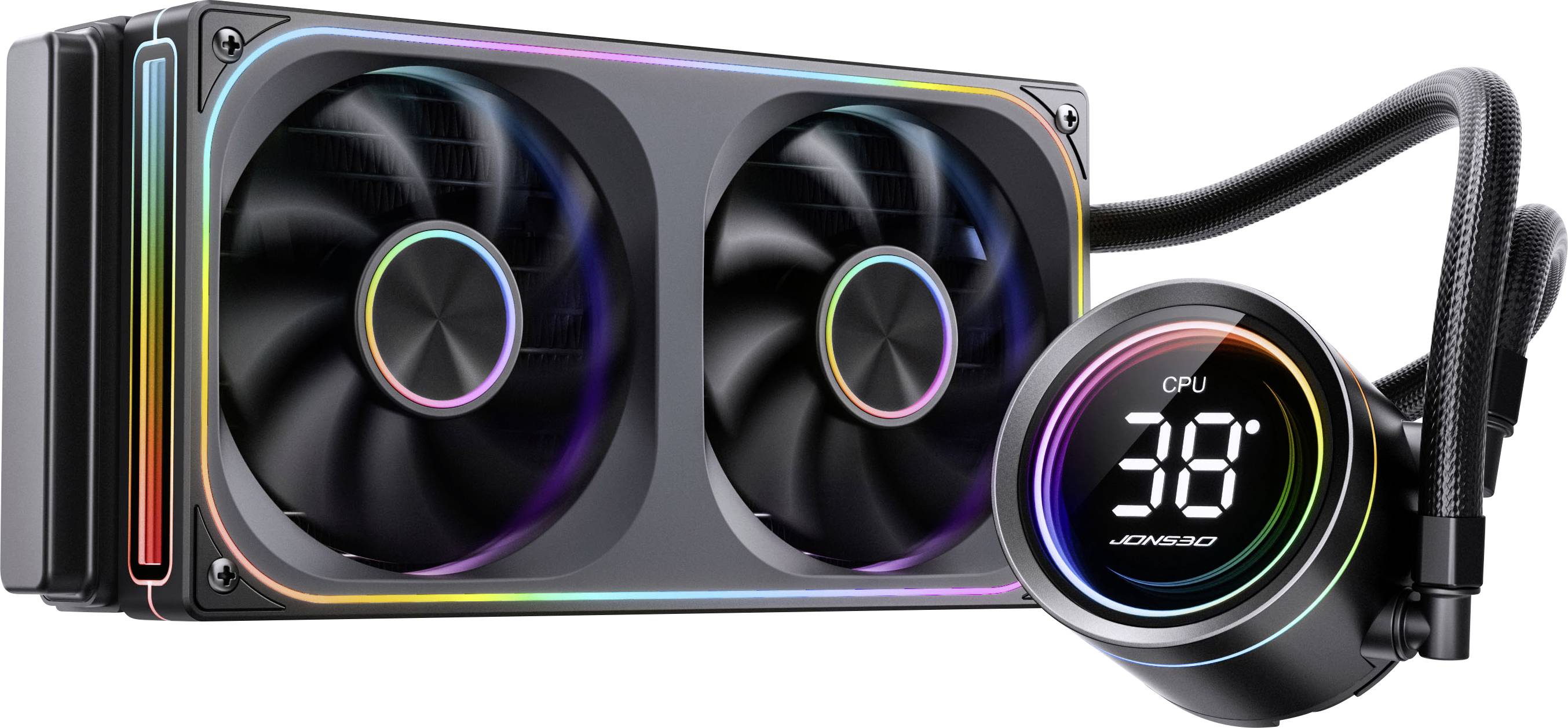 A computer liquid cooling system with two fans and a digital display showing 'CPU 38°'. Multicolored LED lights surround the components.