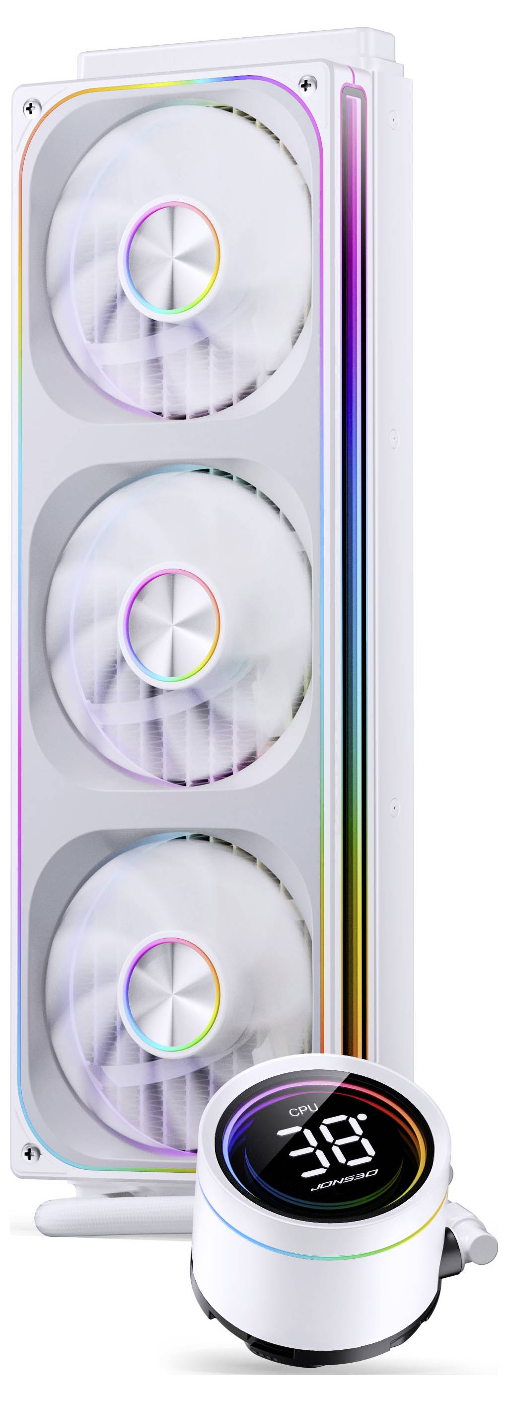 A computer cooling system with three RGB-lit fans in a vertical array, accompanied by a circular control unit displaying temperature.