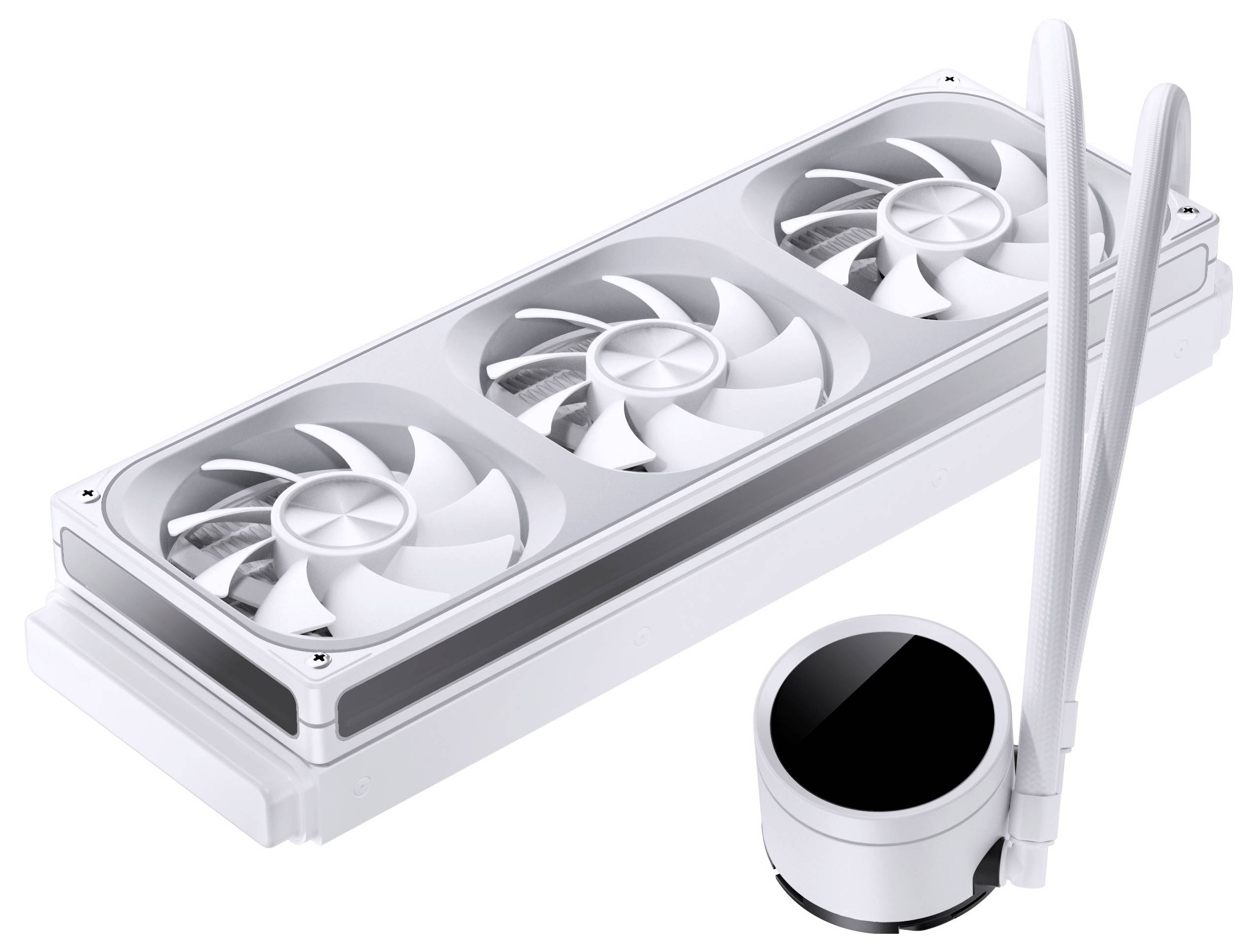 A white triple fan radiator with two connecting tubes and a circular pump head, used for computer liquid cooling systems.