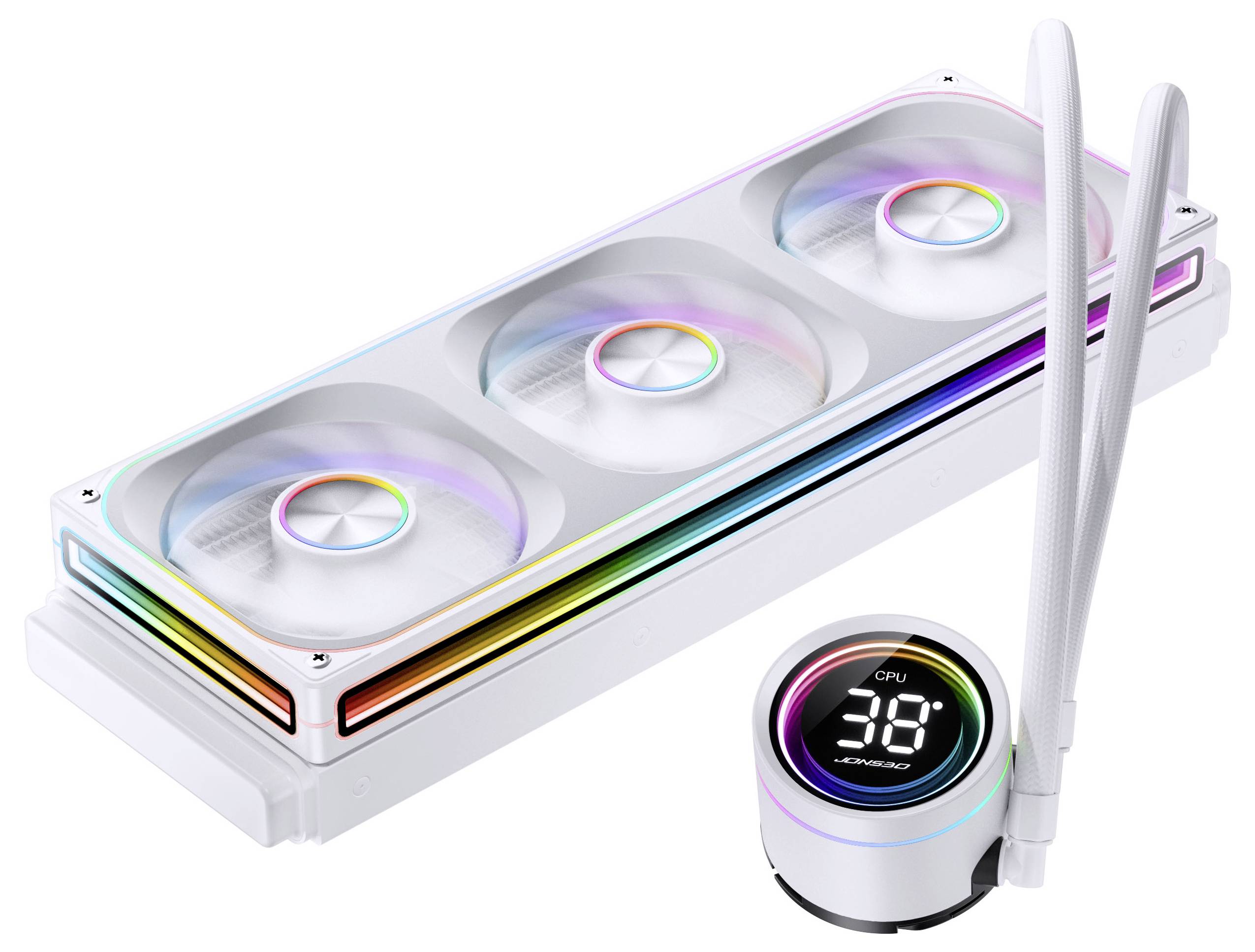 A white liquid CPU cooler with three RGB fans and a digital display showing '38°C CPU'. It includes two white coolant tubes.