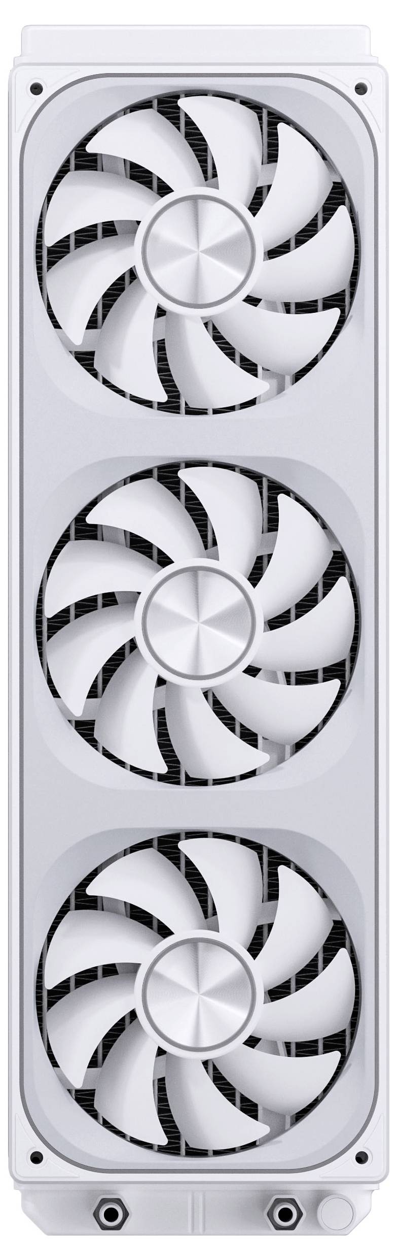 A white computer graphics card with three fans, designed for cooling.