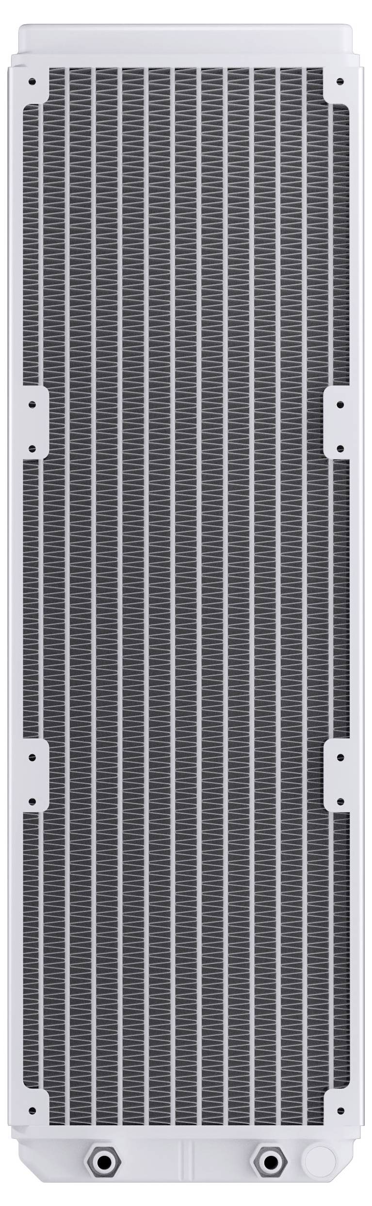A metal computer radiator with rows of parallel fins and two holes for fitting at the bottom, designed for cooling electronic components.