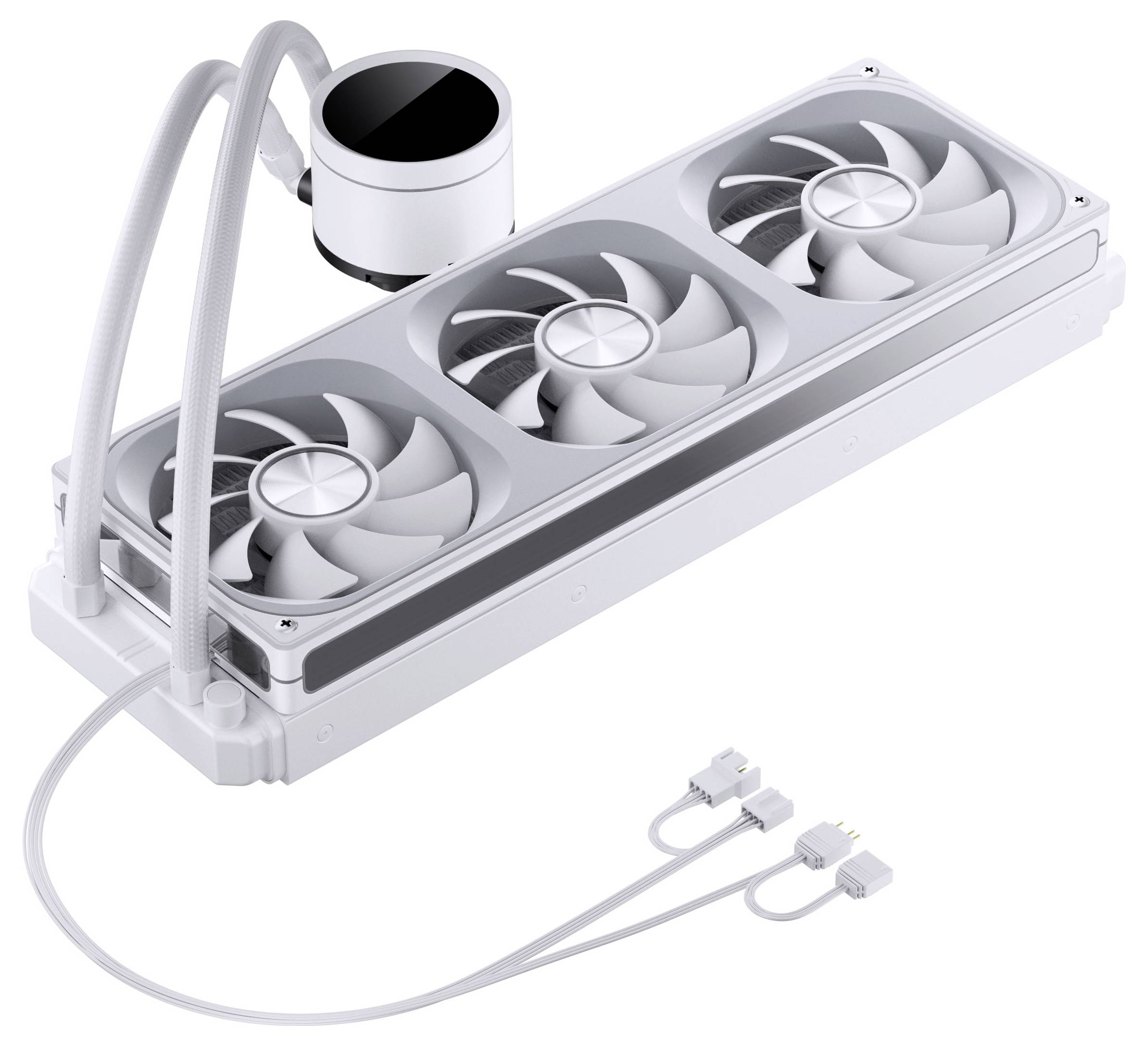 A white computer liquid cooling system with three fans and attached tubes, designed for dissipating heat from computer components.
