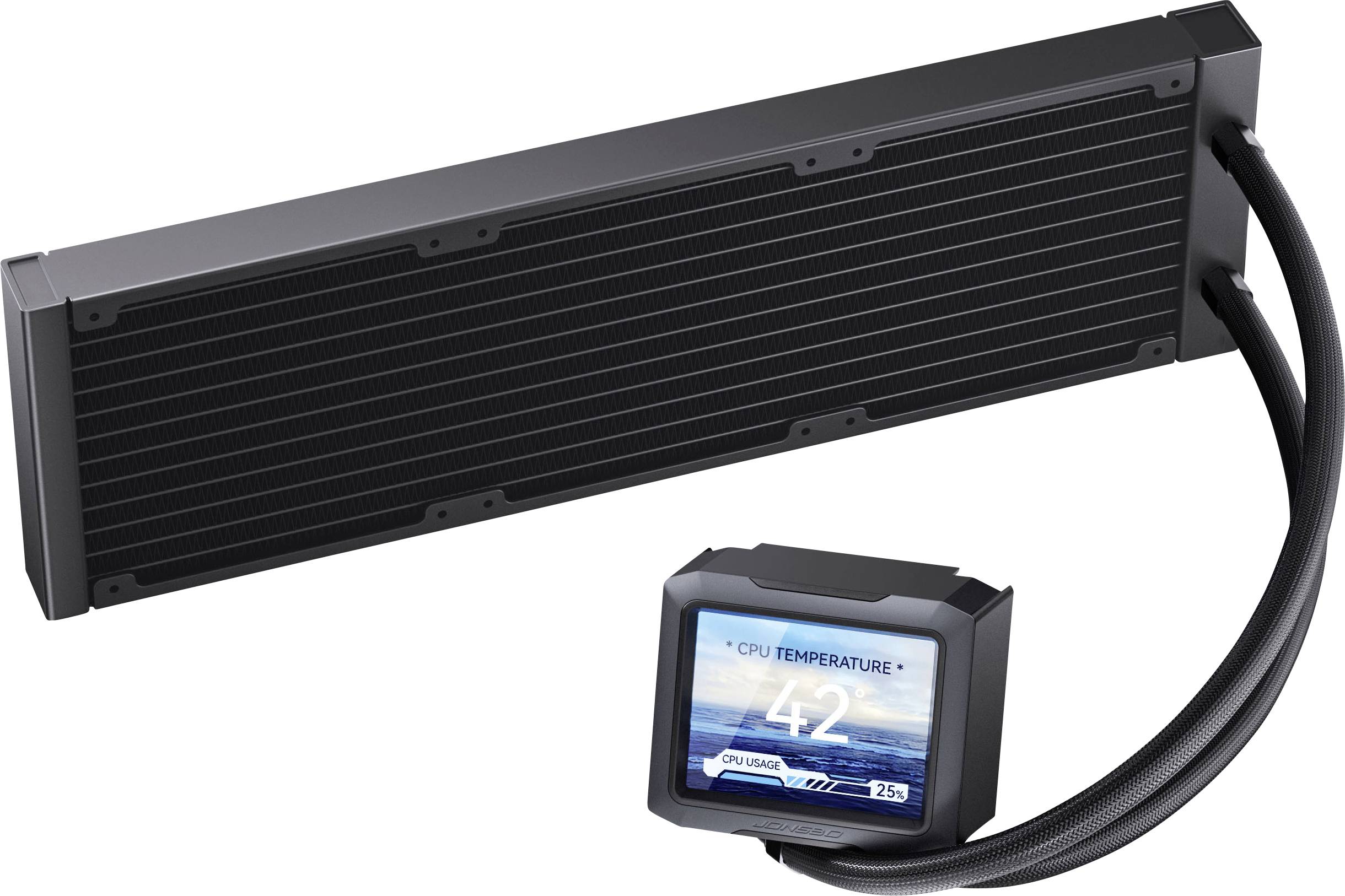 A black computer liquid cooling system with a rectangular radiator and digital display showing 'CPU Temperature: 42°C'.