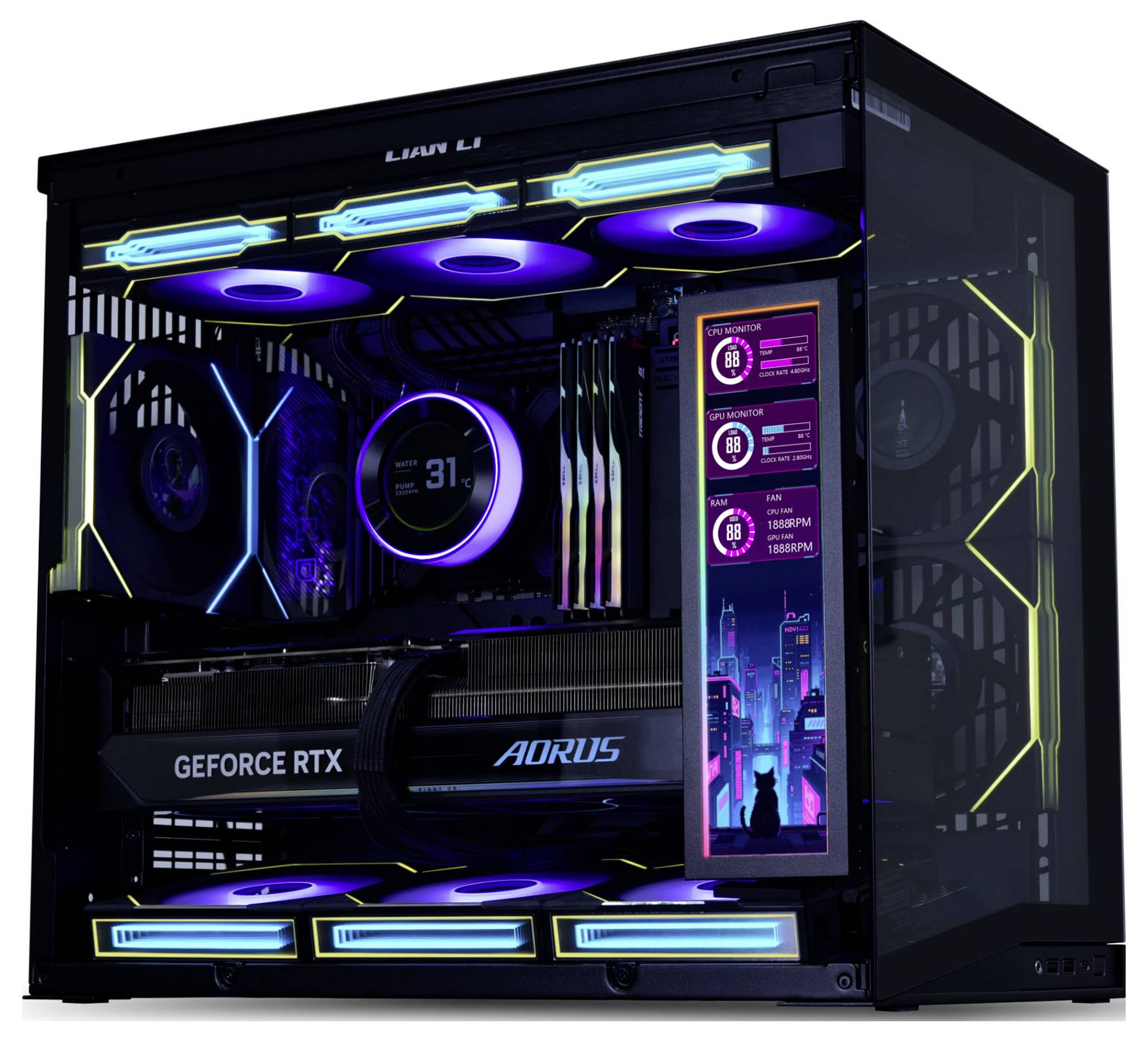 A gaming PC with RGB lighting, showcasing components like a GeForce RTX card and digital display. Interior is visible through a transparent side panel.