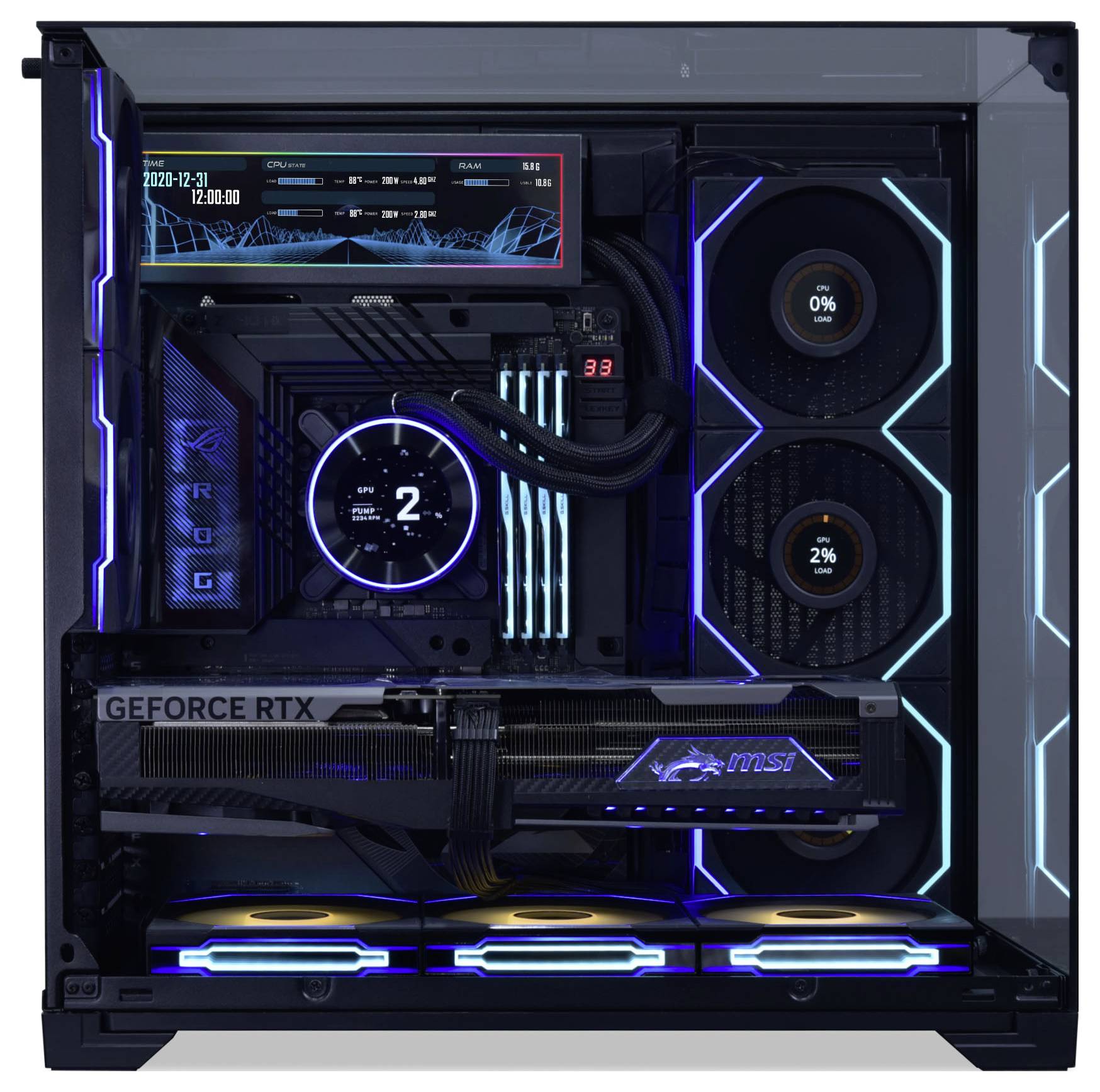 A gaming PC with LED-lit components, displaying a motherboard, cooling system, and a GeForce RTX graphics card.