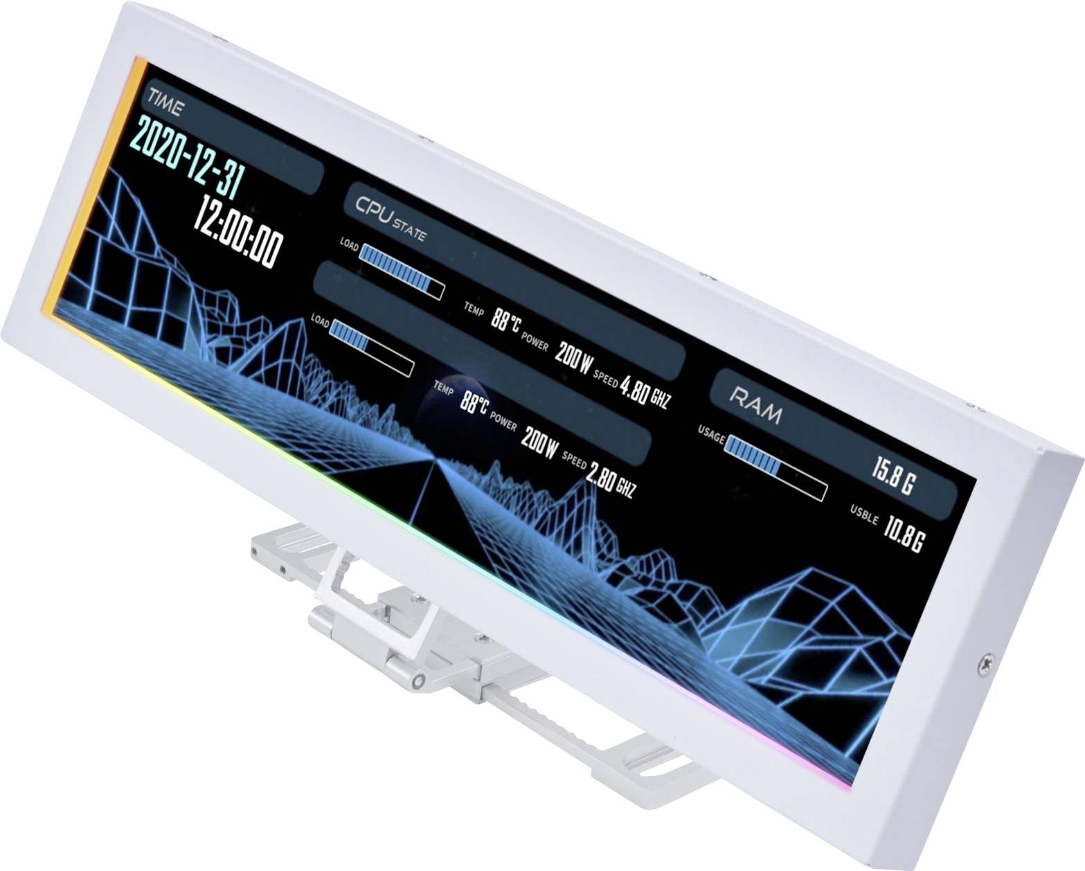 A digital display shows time '2020-12-31 12:00:00', CPU usage at 86%, and RAM usage at 15.8GB, with a futuristic blue graph design.