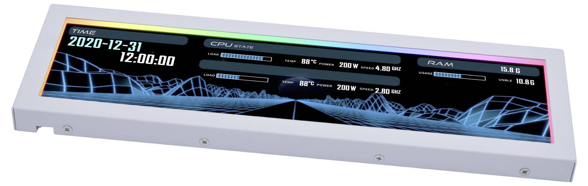 A sleek, rectangular LED display shows a futuristic interface with the date '2020-12-31', time '12:00:00', and real-time CPU and RAM stats.