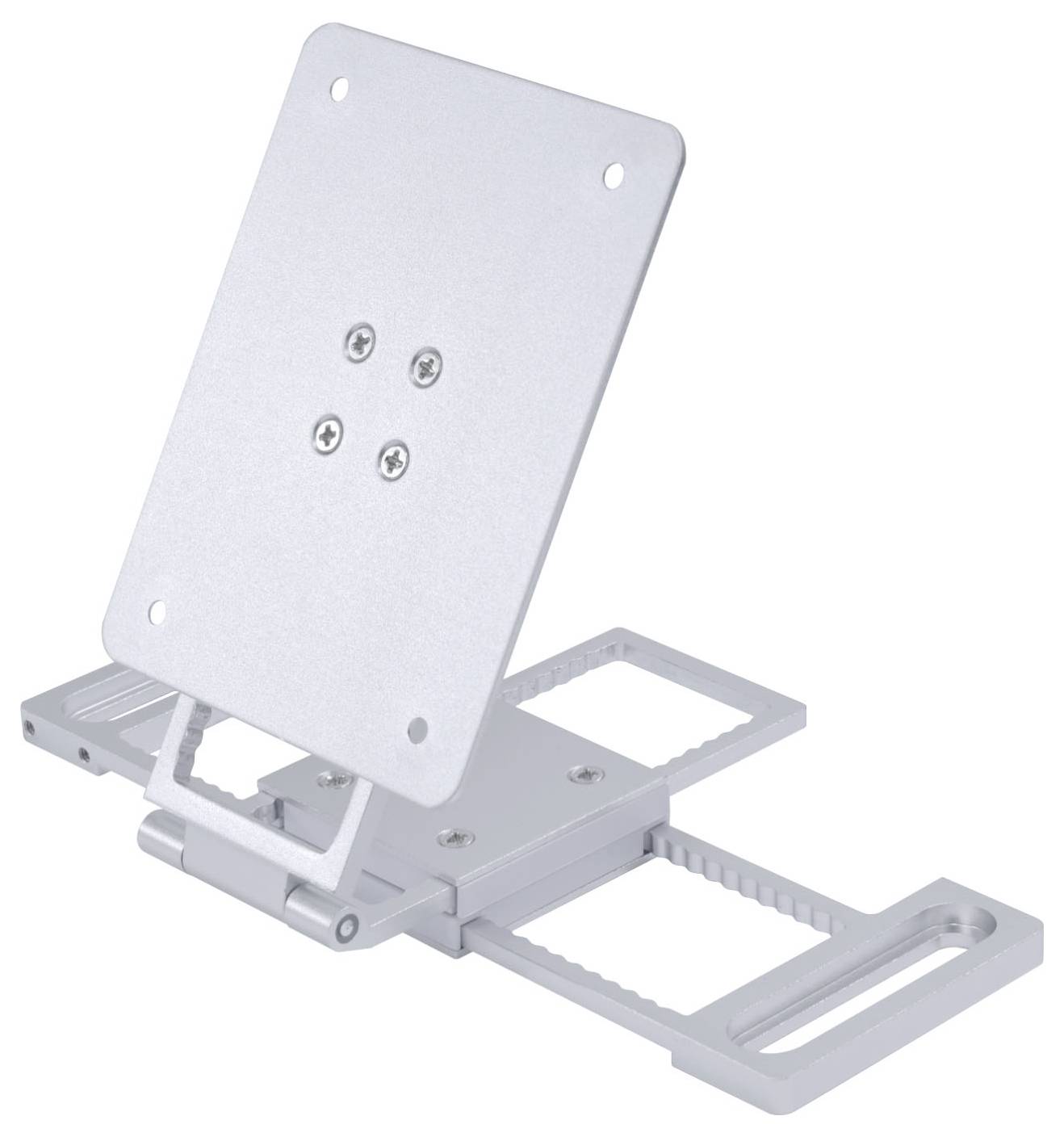 Adjustable silver wall mount bracket with screw holes, designed to hold a device securely, featuring sliding and tilting mechanisms.
