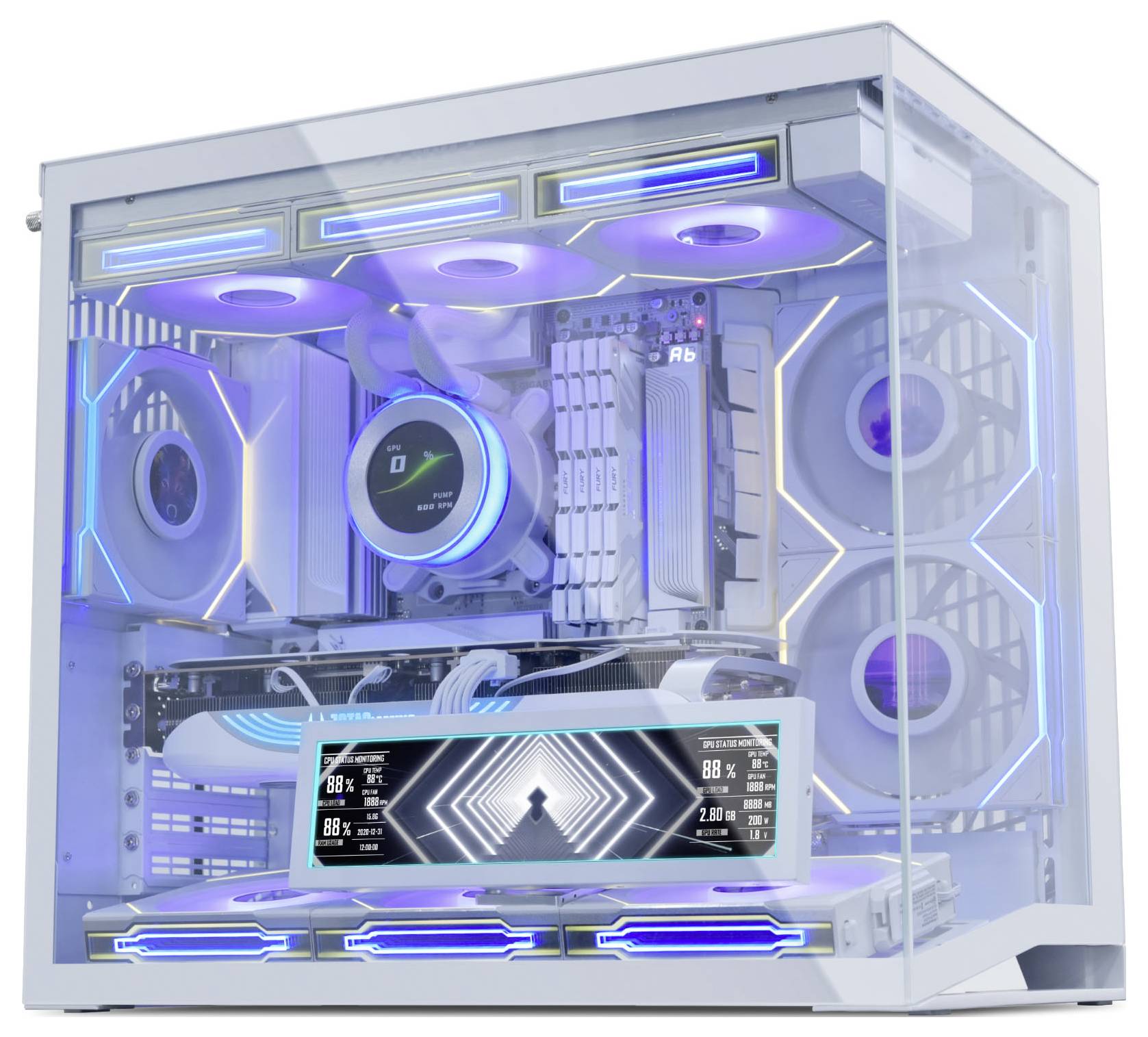 A glowing white computer case with blue LED lights housing multiple fans, a graphics card, and components visible through its transparent side.