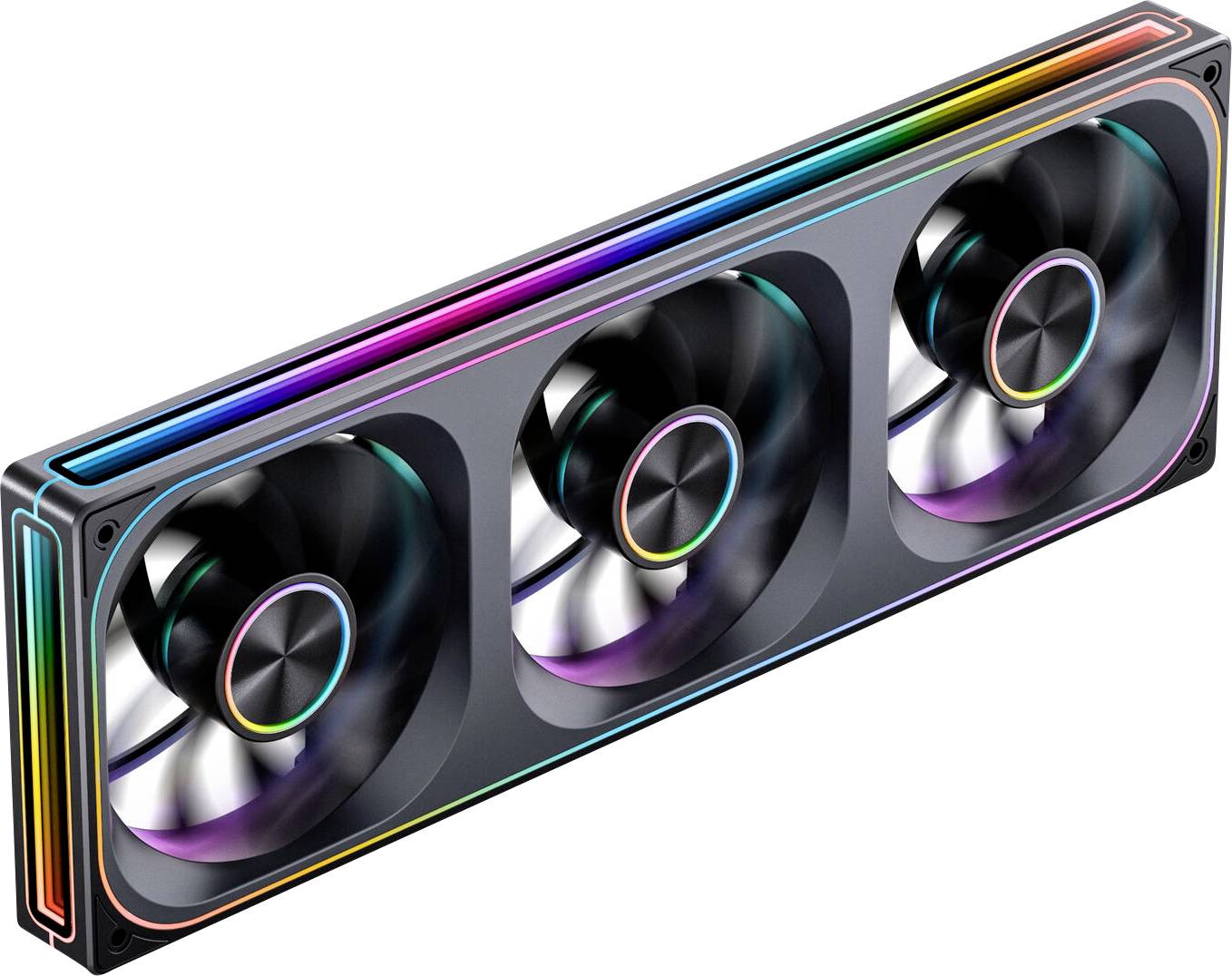 A computer cooling fan unit featuring three large fans with adjustable RGB lighting in a sleek rectangular casing.