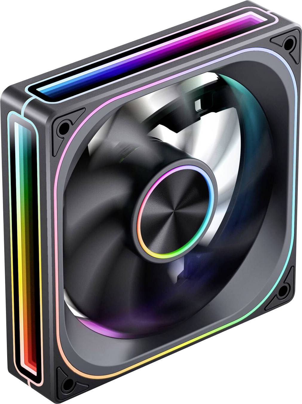 A square computer cooling fan with spinning blades, featuring multicolored LED lights around the frame, highlighting its design.
