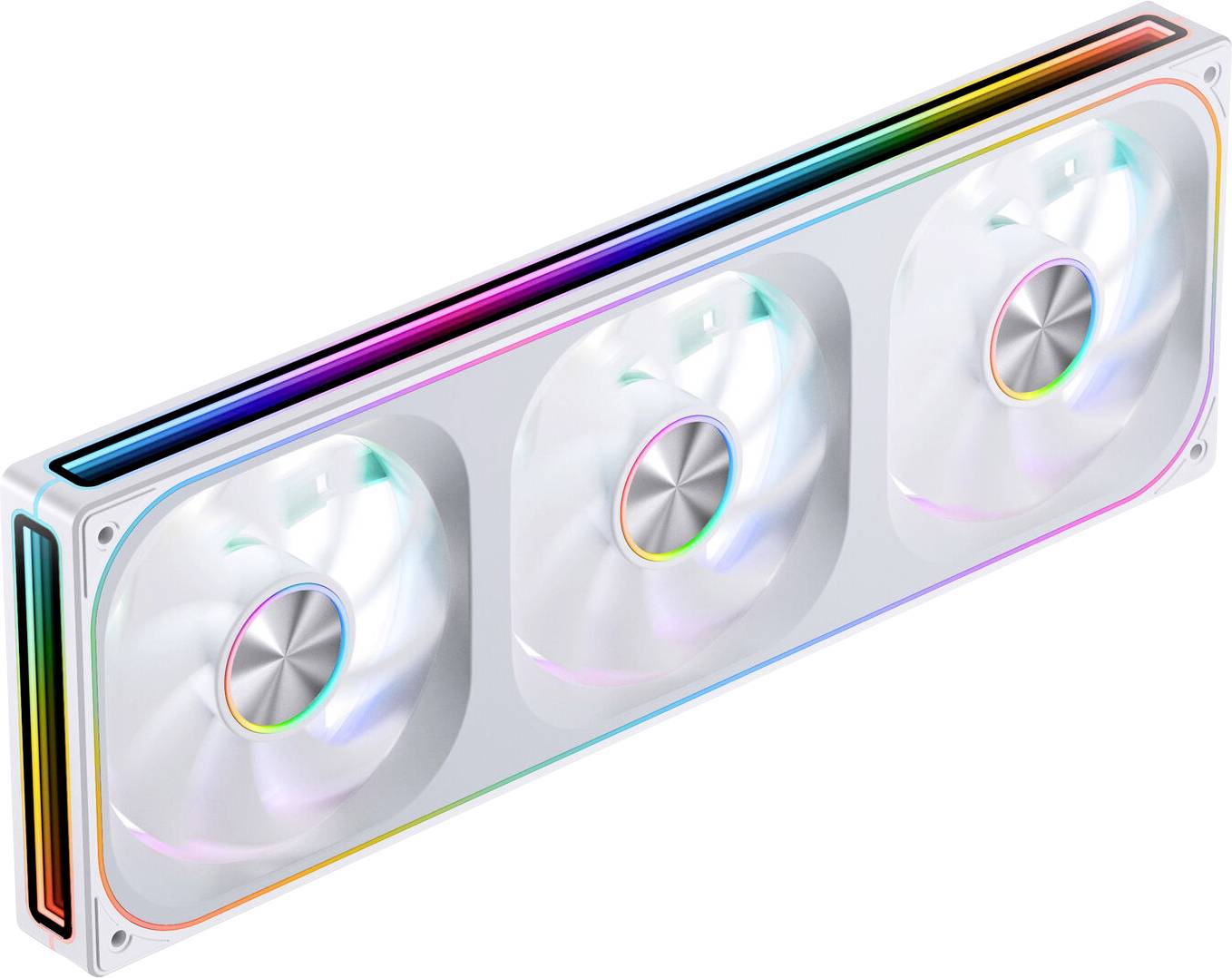 A white computer cooling fan unit with three fans, featuring multicolor LED lights along the edges, suggesting enhanced aesthetics.