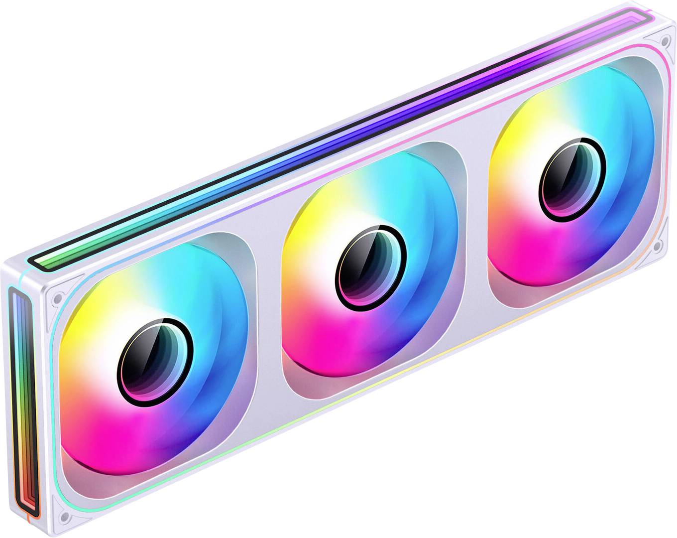 A white computer cooling system with three fans emitting rainbow LED lights, designed for efficient thermal management in PCs.
