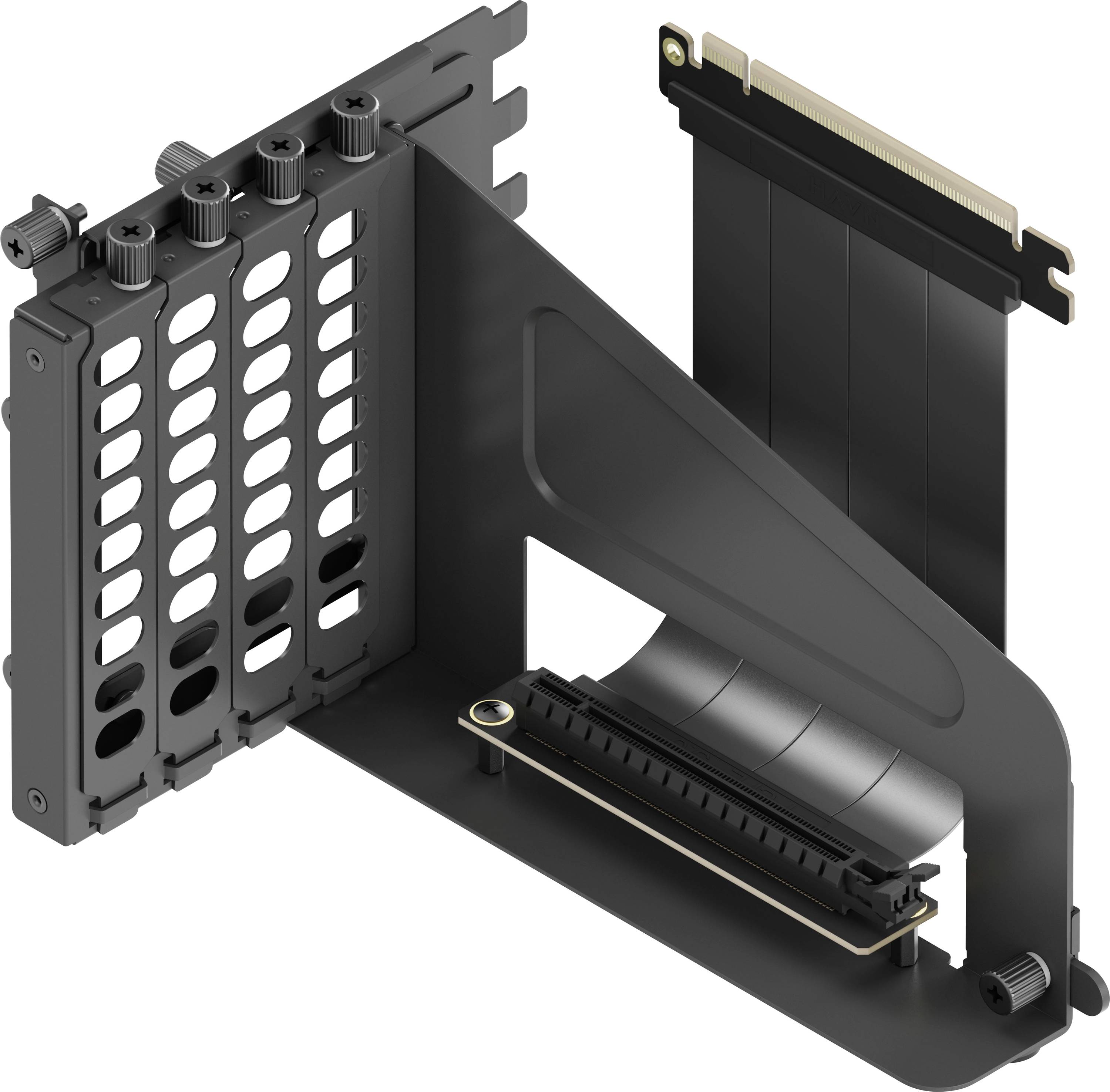 Graphical depiction of a computer component bracket featuring vertical expansion slots and a PCIe riser cable, indicating setup for additional hardware installation.