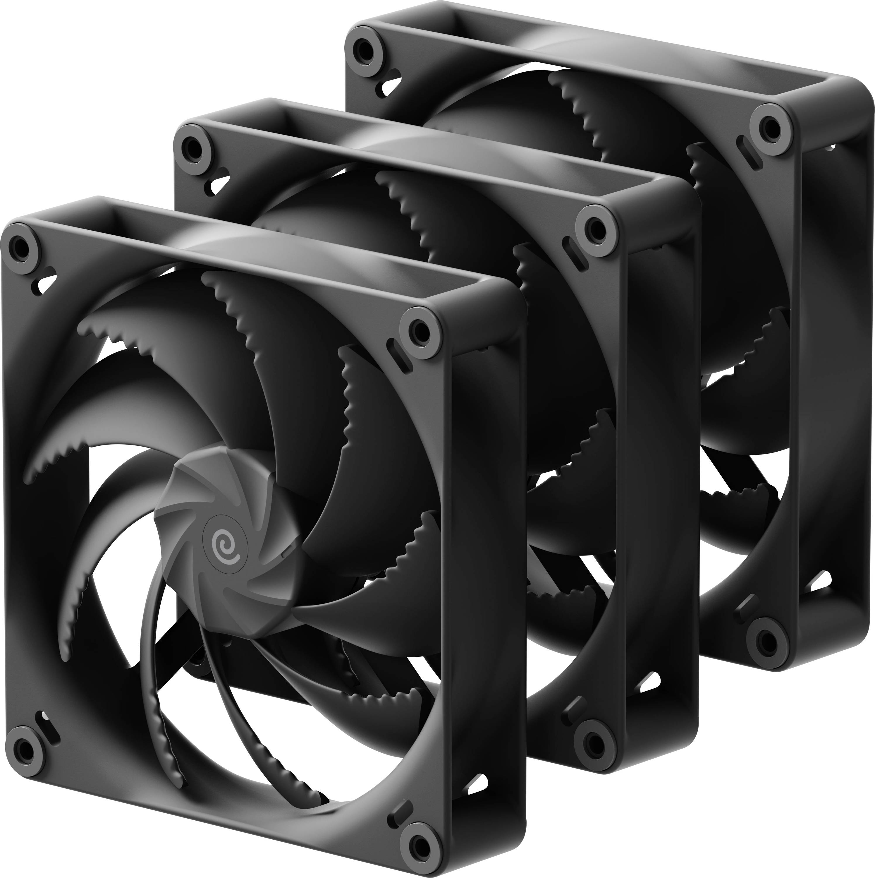 A set of three black computer cooling fans with spiral blade designs, positioned in a staggered row, viewed from the front and side.