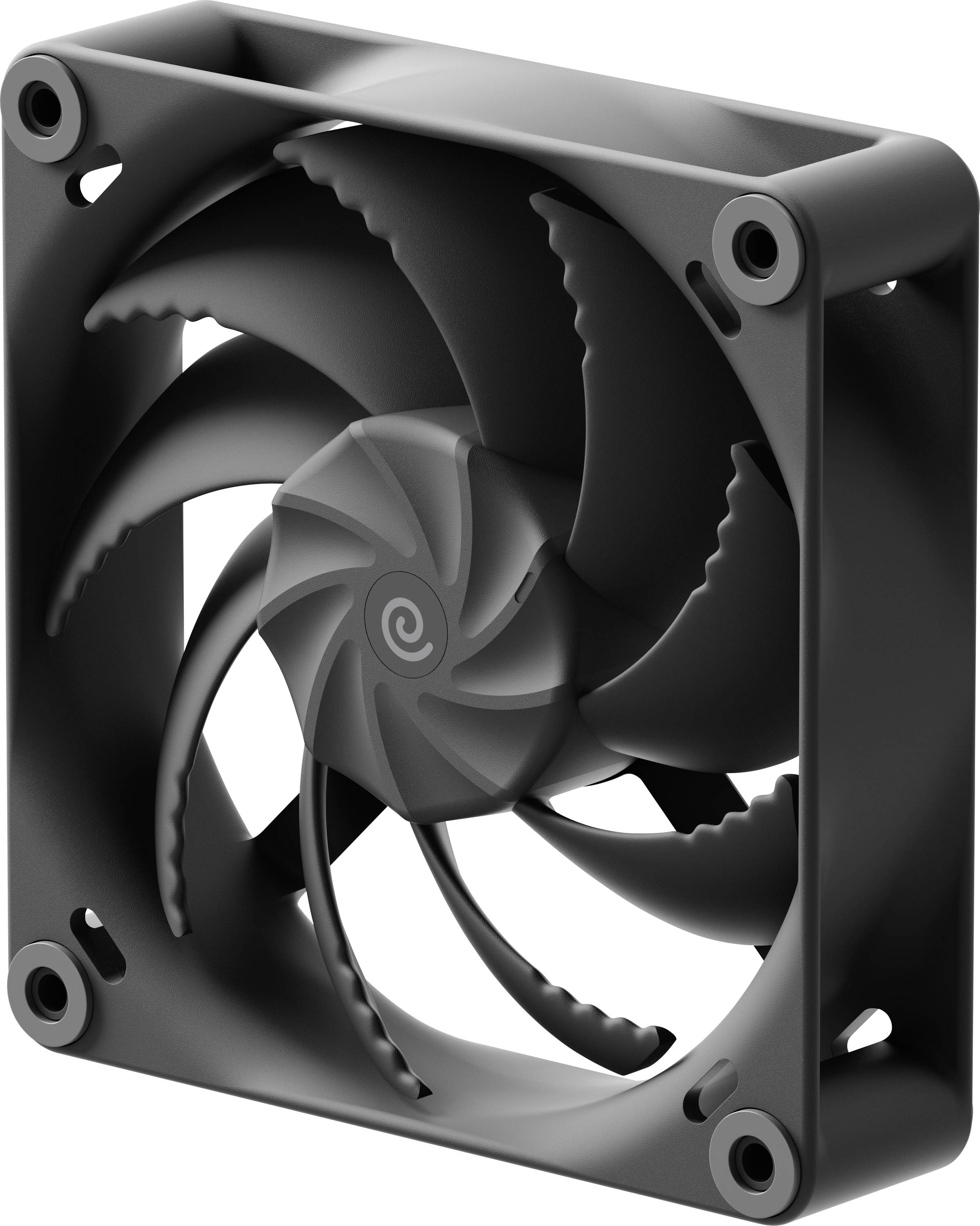 A black computer cooling fan featuring a sleek, modern design with multiple curved blades, encased in a square frame with four mounting holes.