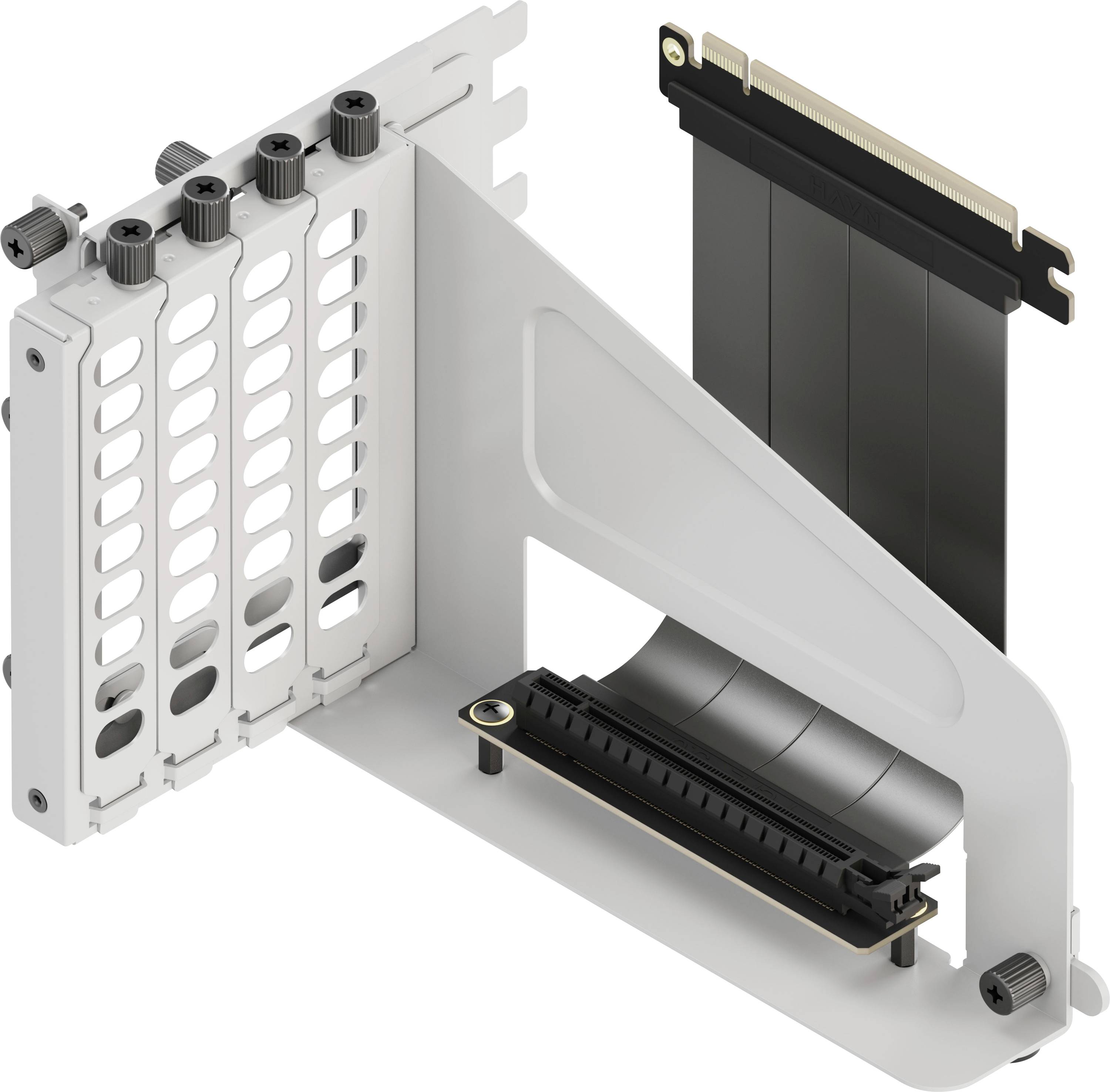 A metal bracket for computer components with five vertical slots, designed to hold expansion cards, connected by a black ribbon cable.