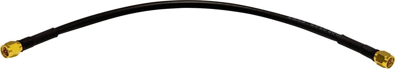 A black coaxial cable with gold connectors on both ends, slightly curved.