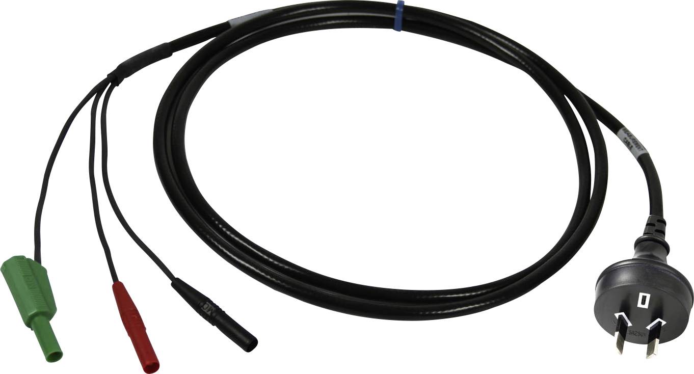 'Australian plug set' featuring a three-pronged power plug connected to black, red, and green test leads.