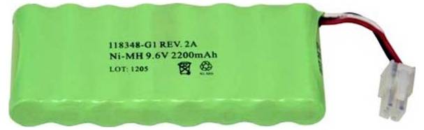 Green Ni-MH battery pack labeled '9.6V 2200mAh', with red and black wires extending from it.