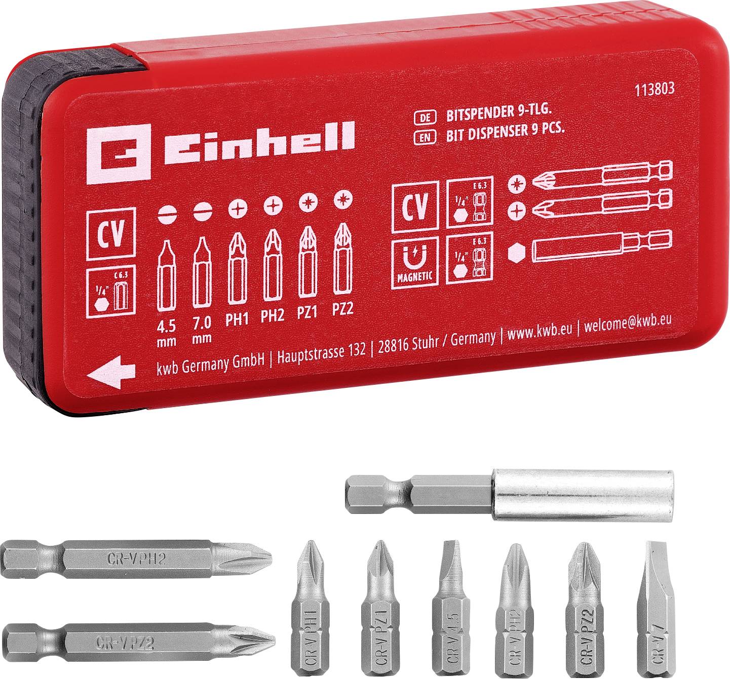 Red Einhell bit dispenser set with nine magnetic screwdriver bits of various sizes and types, suitable for multiple screwhead styles.